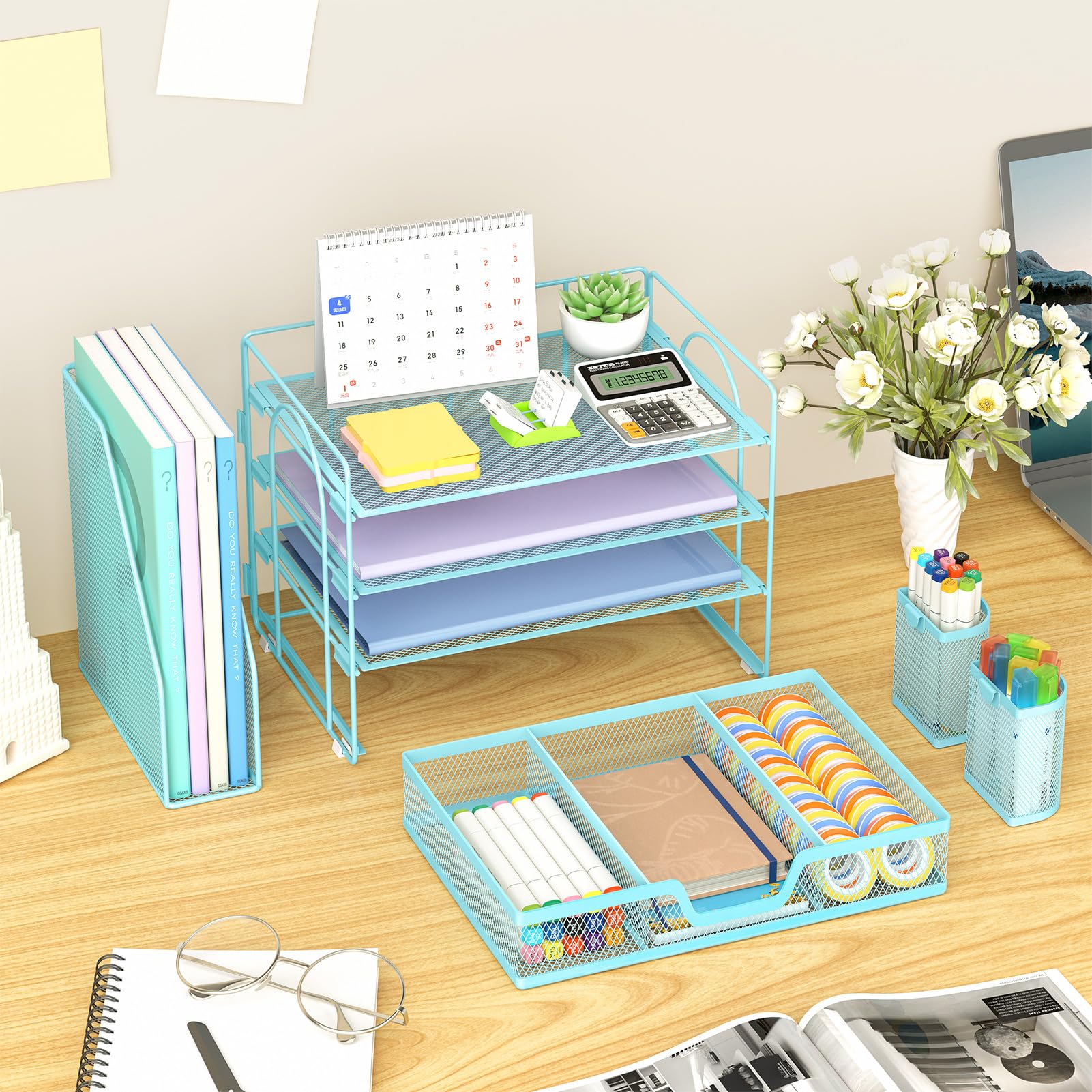Marbrasse Organizer da scrivania e accessori, vassoio per lettere a 4 ripiani con porta documenti, accessori da scrivania e organizer per spazi di lavoro con cassetto e 2 portapenne (blu, 39,1 x 23,1