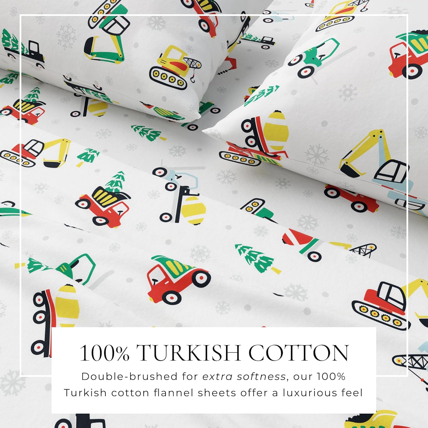 Great Bay Home Christmas Flannel Sheet Set Twin Size - 100% Turkish Cotton, Double-Brushed, Winter Bed Sheets - Ultra-Soft, Cozy, 3-Piece Holiday Bedding Set (Christmas Toy Trucks)