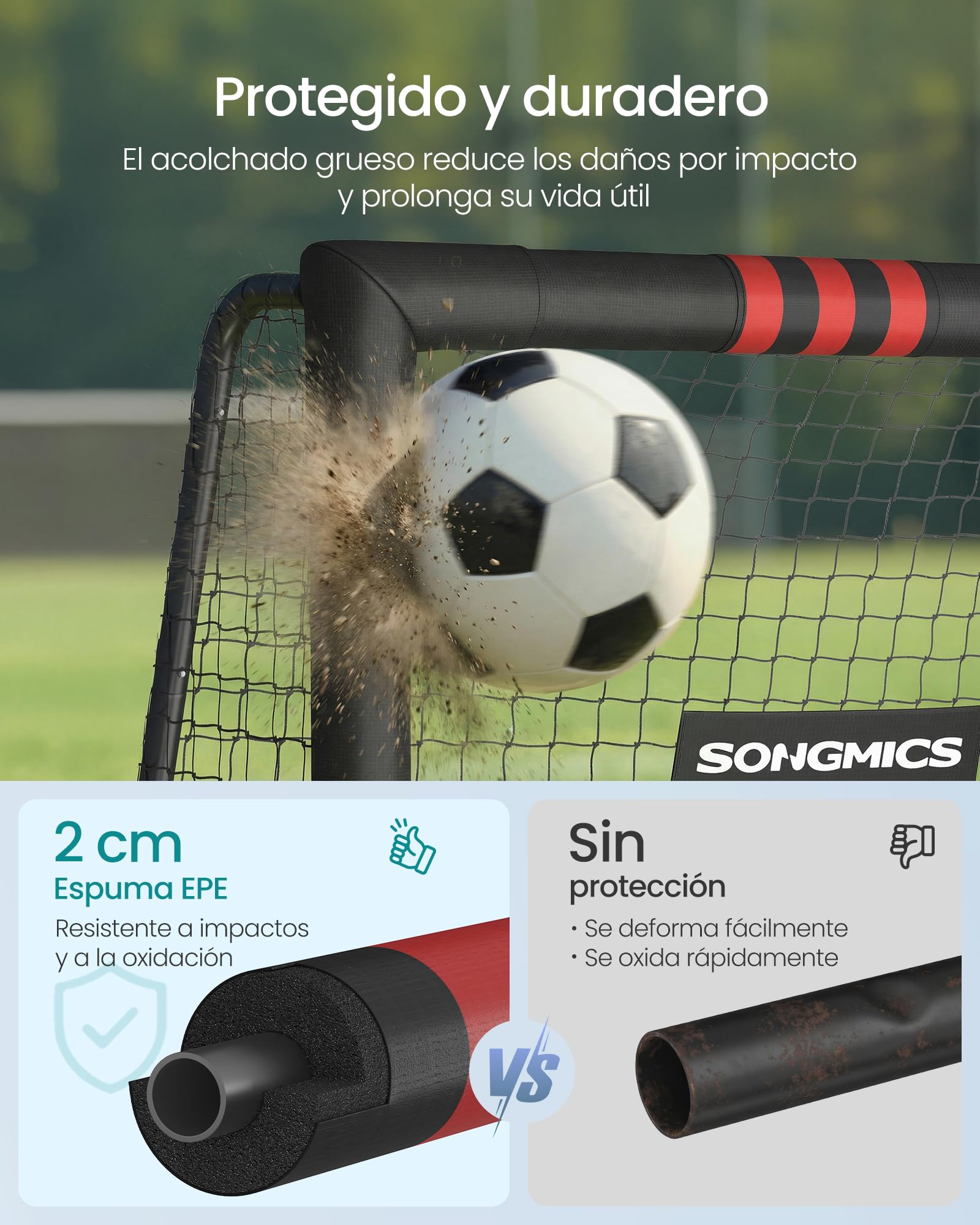 SONGMICS Portería de Fútbol, para Todas Las Edades, de Acero, Red de PE, para Exterior, Jardín, Playa, 85 x 240 x 160 cm, Revestida de Espuma, Negro SZQ240RZ02 - 3