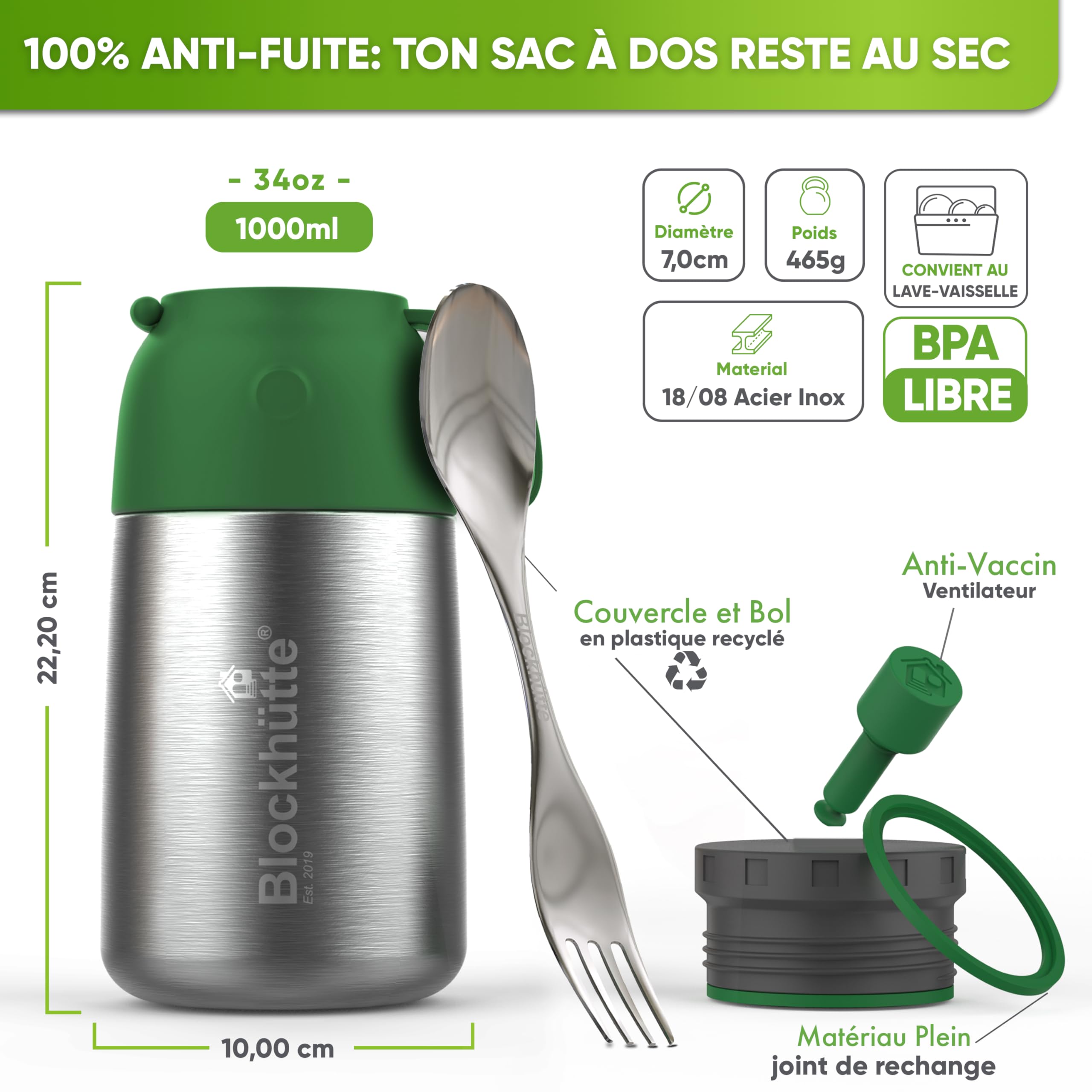 Blockhütte Boite Alimentaire Isotherme en Acier Inox 1L - Thermos Alimentaire, Étanche - Garde les repas chauds jusqu'à 14h - Thermos Lunch Box idéale pour tous les plats - vert foncé