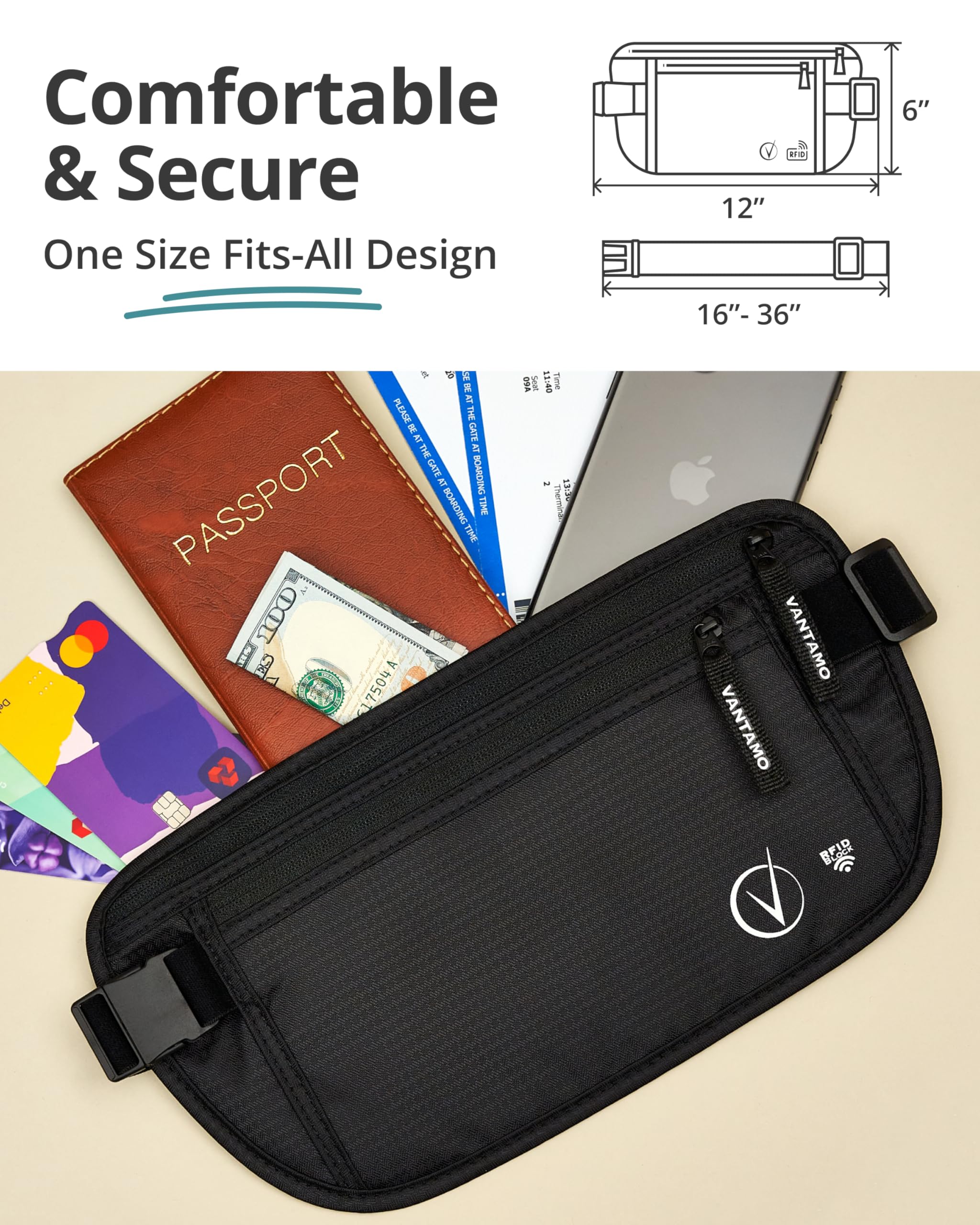 Vantamo Marsupio Uomo & Donna Ultrapiatto con protezione RFID, Marsupio Antiscippo con Cintura Regolabile, Ideale per Corsa e Escursioni e Viaggi, Leggero Cintura Portasoldi Sicuro