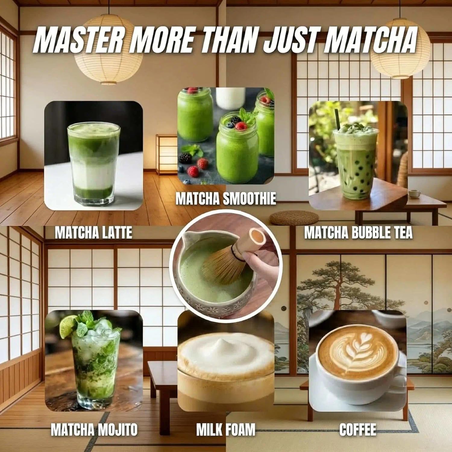 Matcha Whisk Set for Beginner: Japanese Tea Ceremony, 7-in-1 Starter Kit, Easy to Use Guide, 60s Dense Foam, 100% Natural Handmade Bamboo, Lead-Free Ceramic Bowl, Food Safety Certified, Gifts.