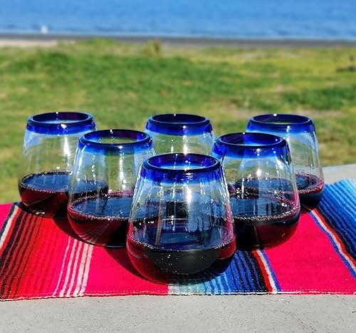 Miniatura 2 de Dos Sueños Copas de vino mexicanas sopladas a mano, juego de 6 vasos con bordes azul cobalto (15 onzas)