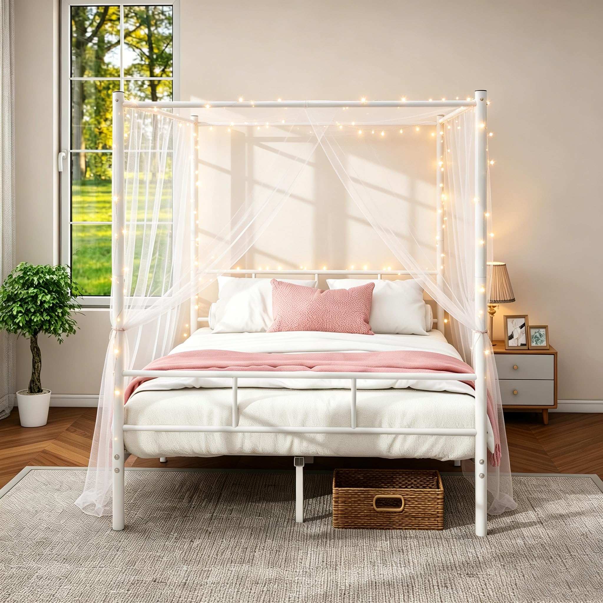 ARFARLY Double Bed Frame,Canopy Bed Frame with 4 Poster Headboard,White