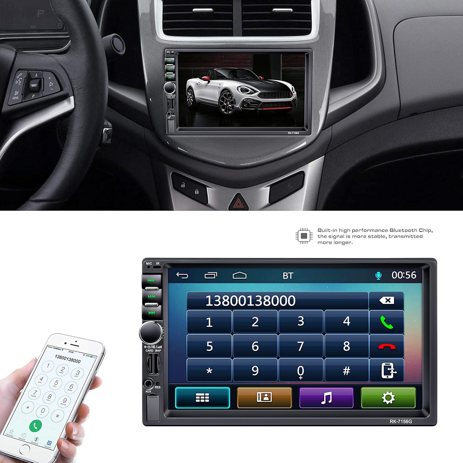 LSLYA Dual 2 Din Car Stereo installed in a dashboard, displaying a phone dial pad on its 7-inch touchscreen. A smartphone is shown making a call via Bluetooth.
