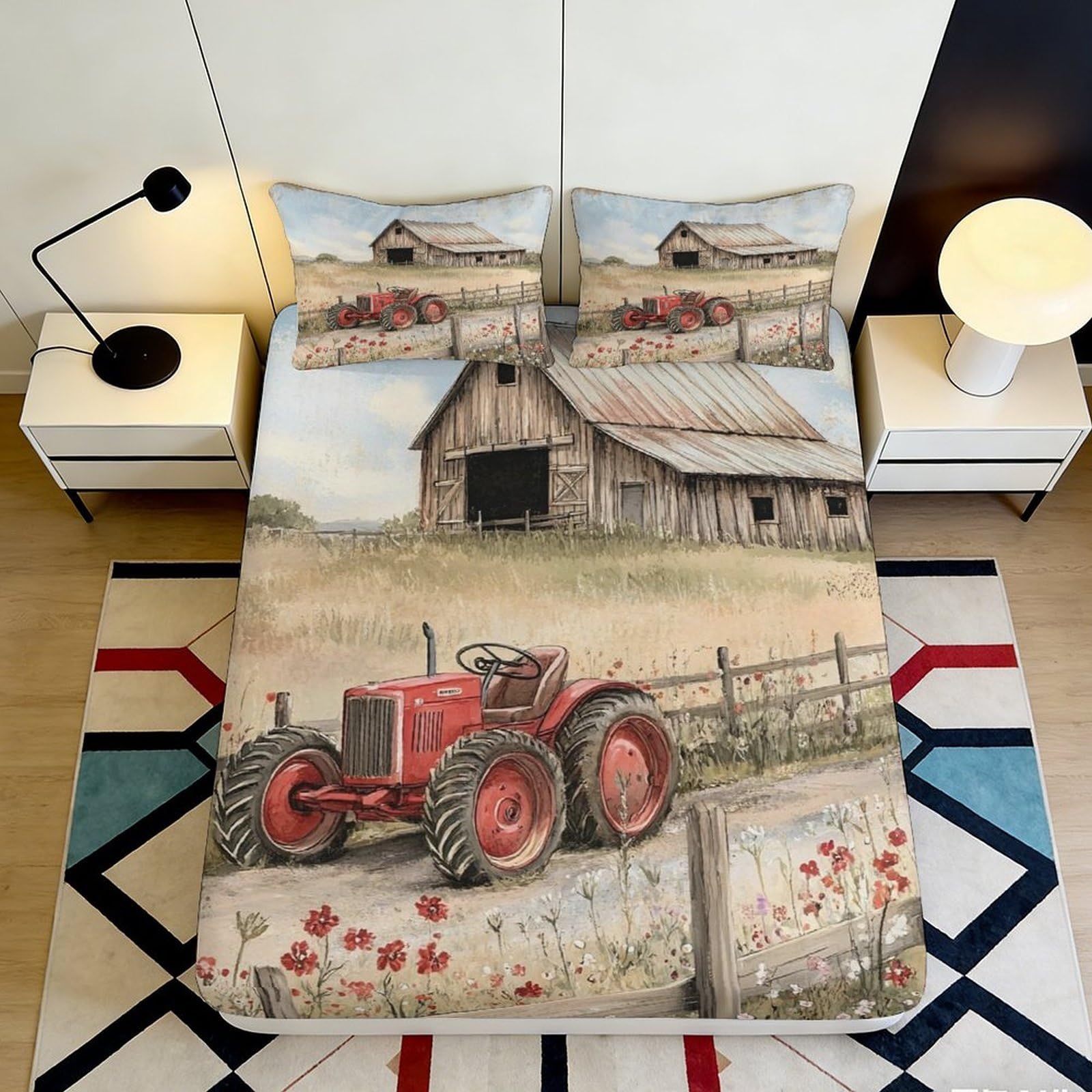 3D Printed Red Tractor Farm Fitted Sheet Microfiber Non-Slip Rustic Barn Mattress Cover for Bedroom Guestroom Easy Care 180x200x25cm