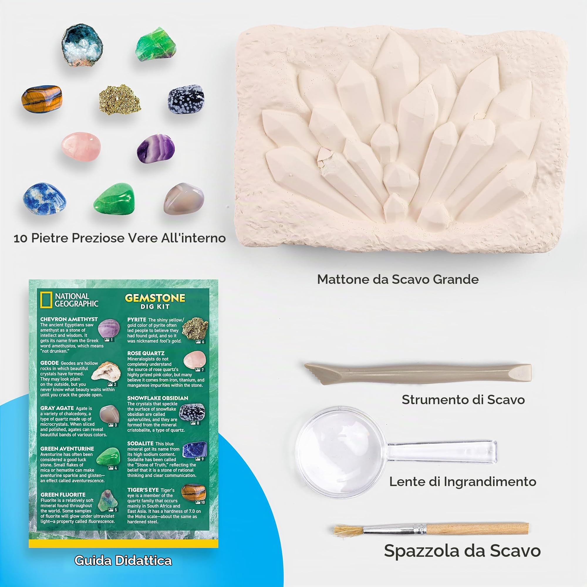 NATIONAL GEOGRAPHIC - Kit di scavo di gemme con 10 vere pietre preziose per bambini, scopri le pietre preziose con strumenti di scavo e lente d'ingrandimento, kit di scienza