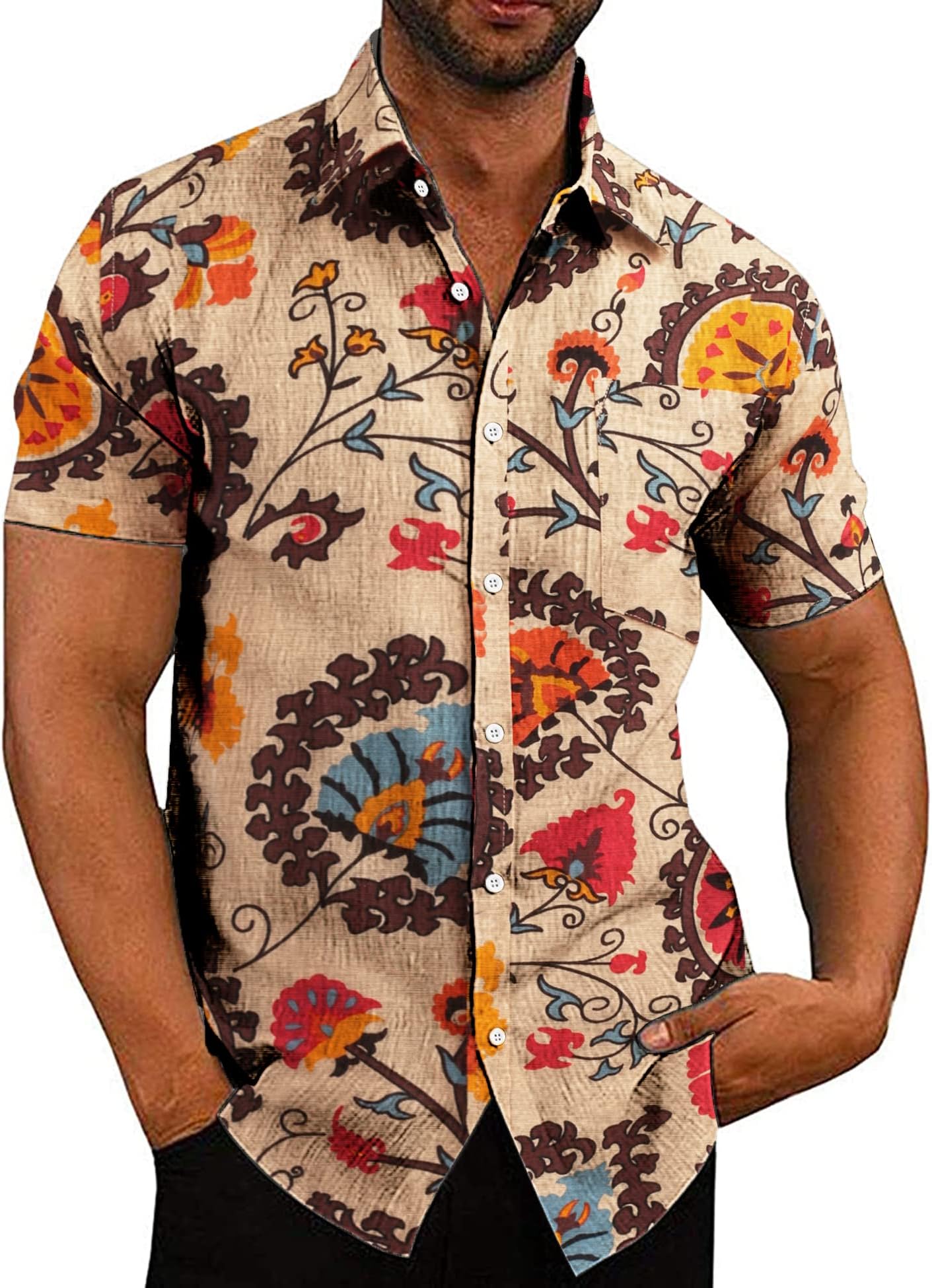 COOFANDYMen's Casual Button Down Shirts Short Sleeve Linen Shirts Summer Beach Dress Shirt