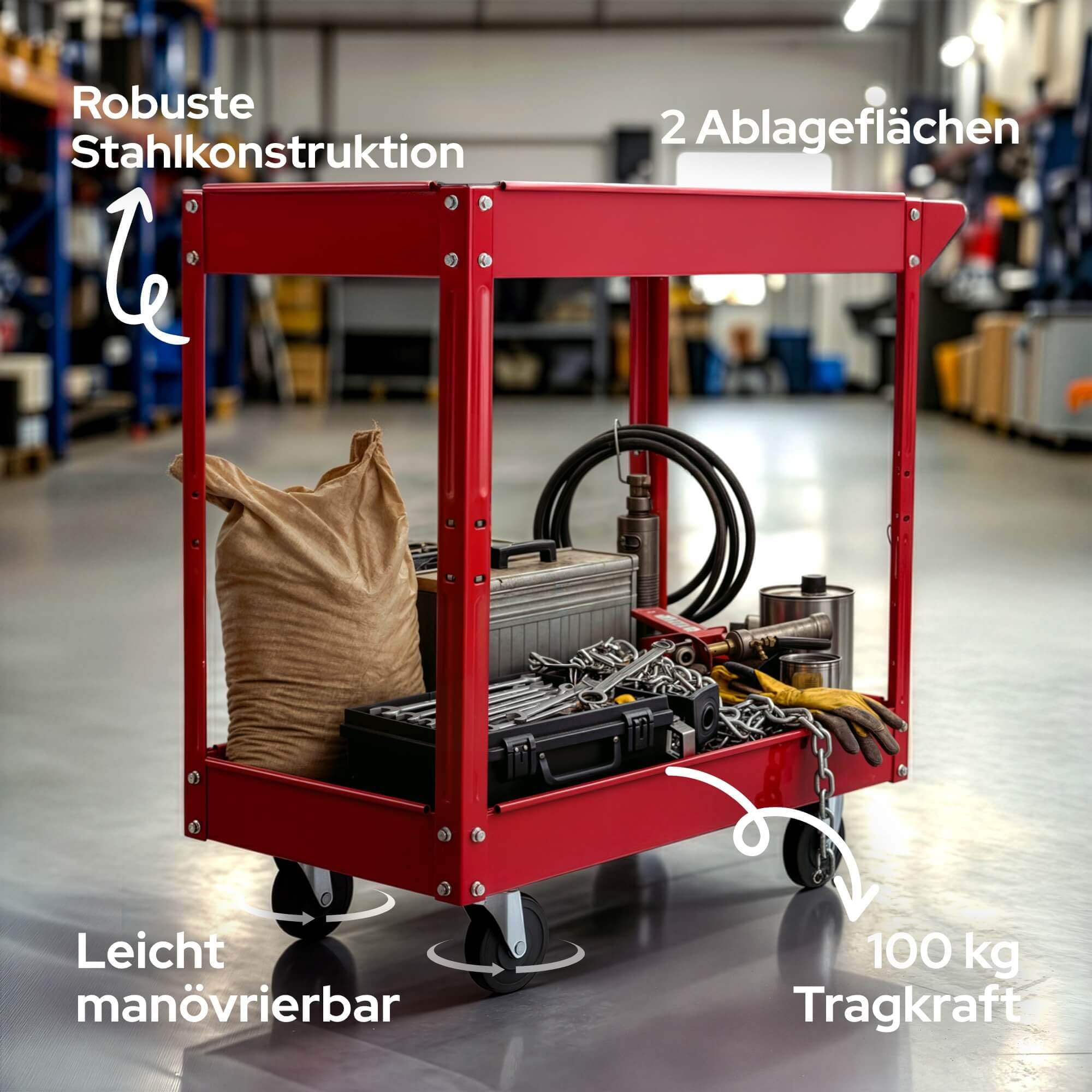 Arebos Werkstatt-Rollwagen | Montagewagen mit 2 Ablagefächern | bis 100 kg belastbar | robuster Werkzeugwagen aus Stahl | Mobile Transporthilfe | für Werkstatt, Garage & Hobbyraum | 2er Set