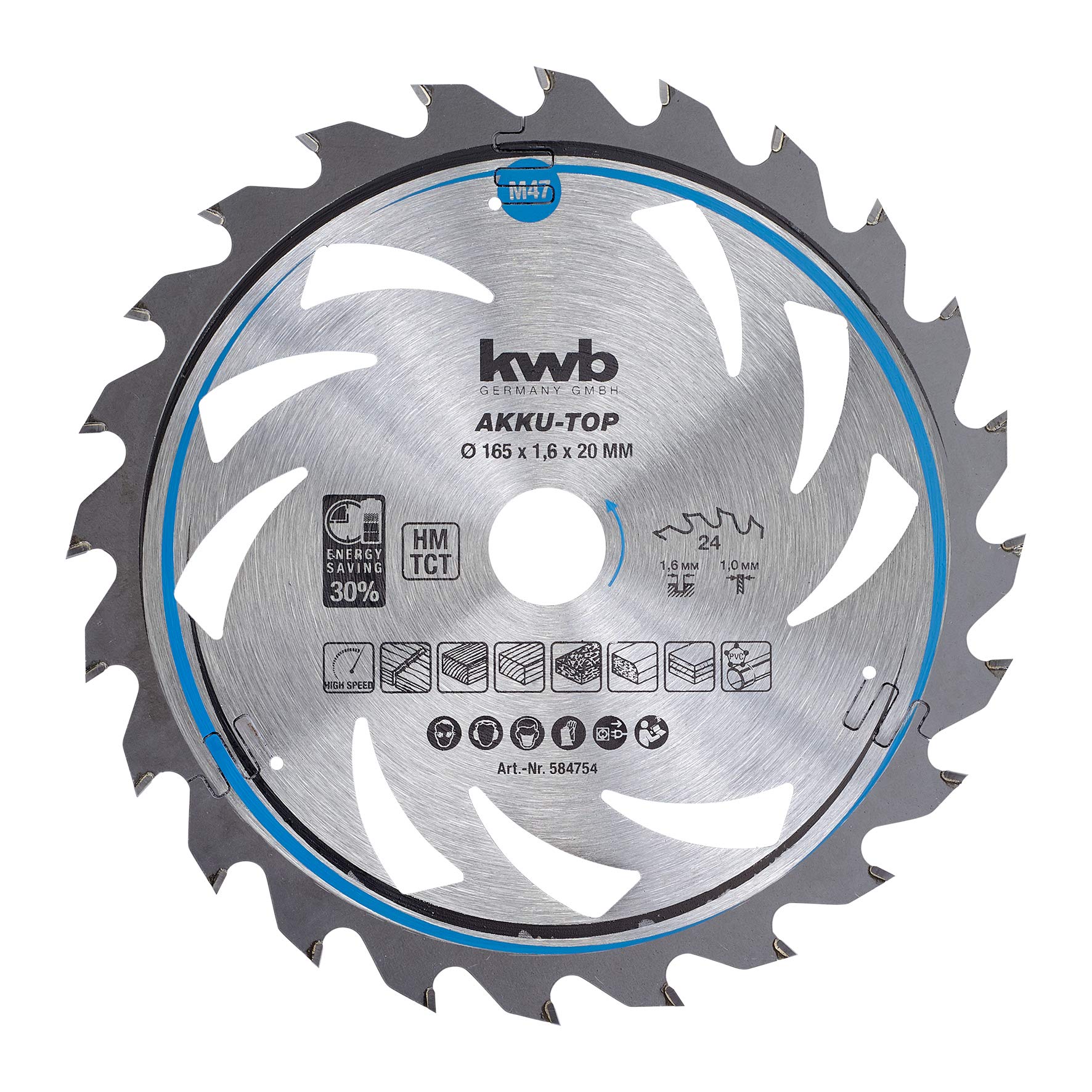 kwbby Einhell HM Saw Blade Hand Circular Saw Accessories (Diameter 165 x 20 mm, 24 Teeth, High-Speed Saw Blade, Ideal for Use with Battery-Powered Devices), 49584759, Silver