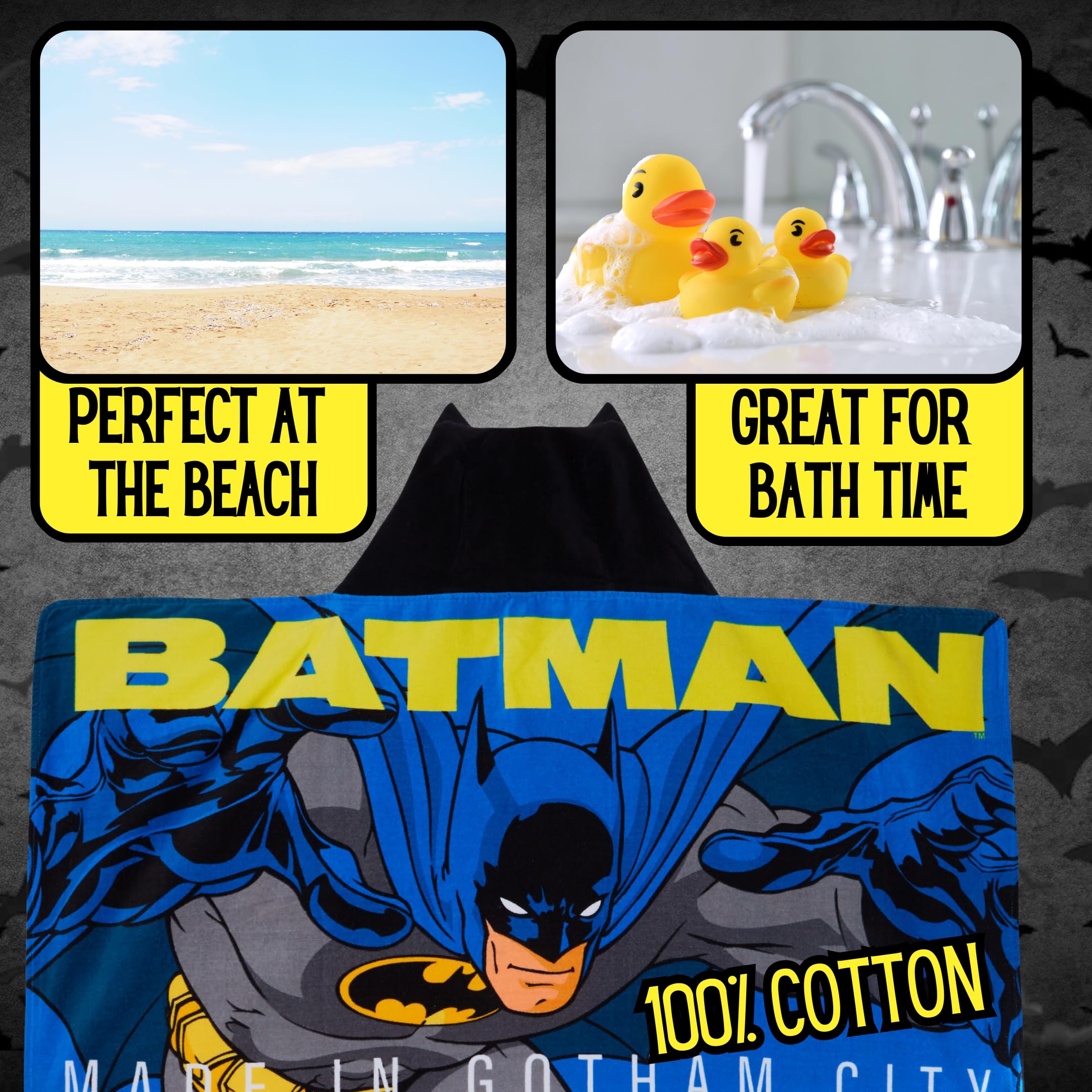 DC Comics Asciugamano con cappuccio Batman 100% cotone Poncho per bambini Asciugamano da spiaggia per ragazzi Asciugamano da bagno Copertura per nuotare Accappatoio