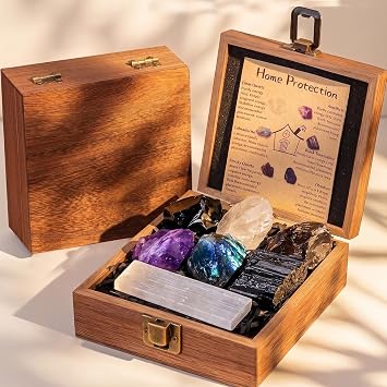 House Protection Crystal Set - Premium 7 Pcs Home Shielding & Cleansing Stones with Selenite Wand in Wooden Gift Box | Raw Black Tourmaline, Obsidian, Amethyst, Clear Quartz Crystal Gifts
