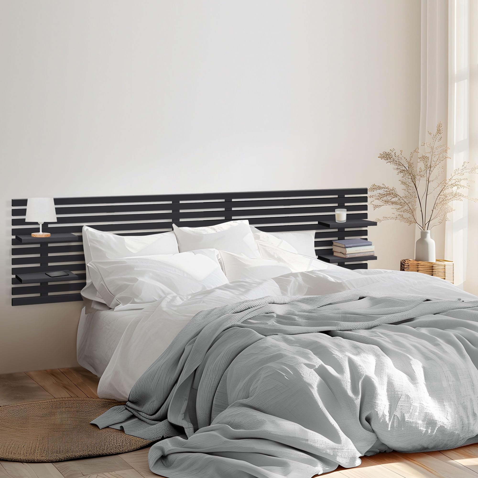 DHOME Testiera con Mensole in Legno Riciclato DM da Appendere alla Parete Stile Pallet Letto Vintage Nordico Supporti Inclusi (Stile Giapponese, Nero Solido, 270cm)