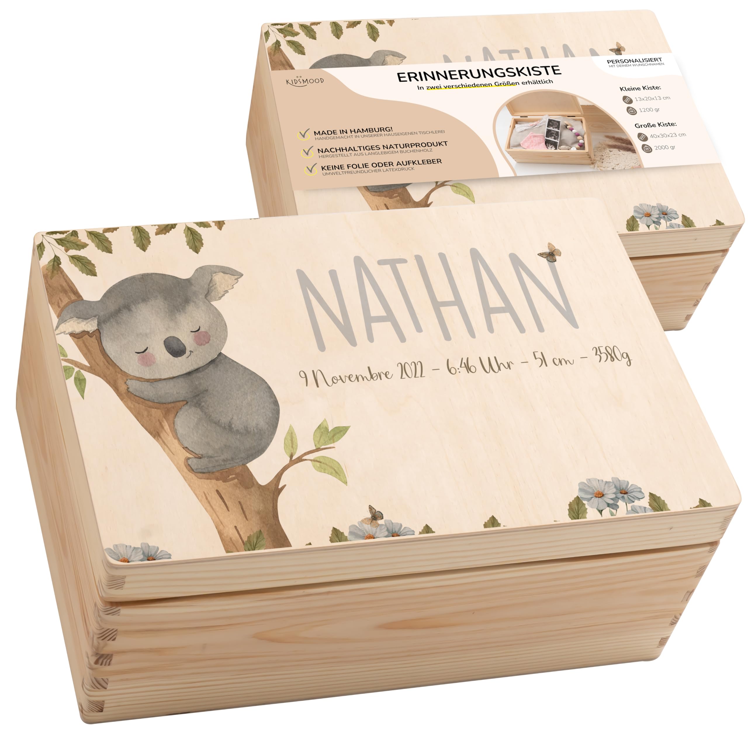 KIDSMOOD - Erinnerungsbox Baby, personalisierte Holzkiste mit Deckel, Ideal zur Aufbewahrung von Erinnerungen und als Geschenk zur Geburt, Taufe oder als Geburtstagsgeschenk für Mädchen und Jungen