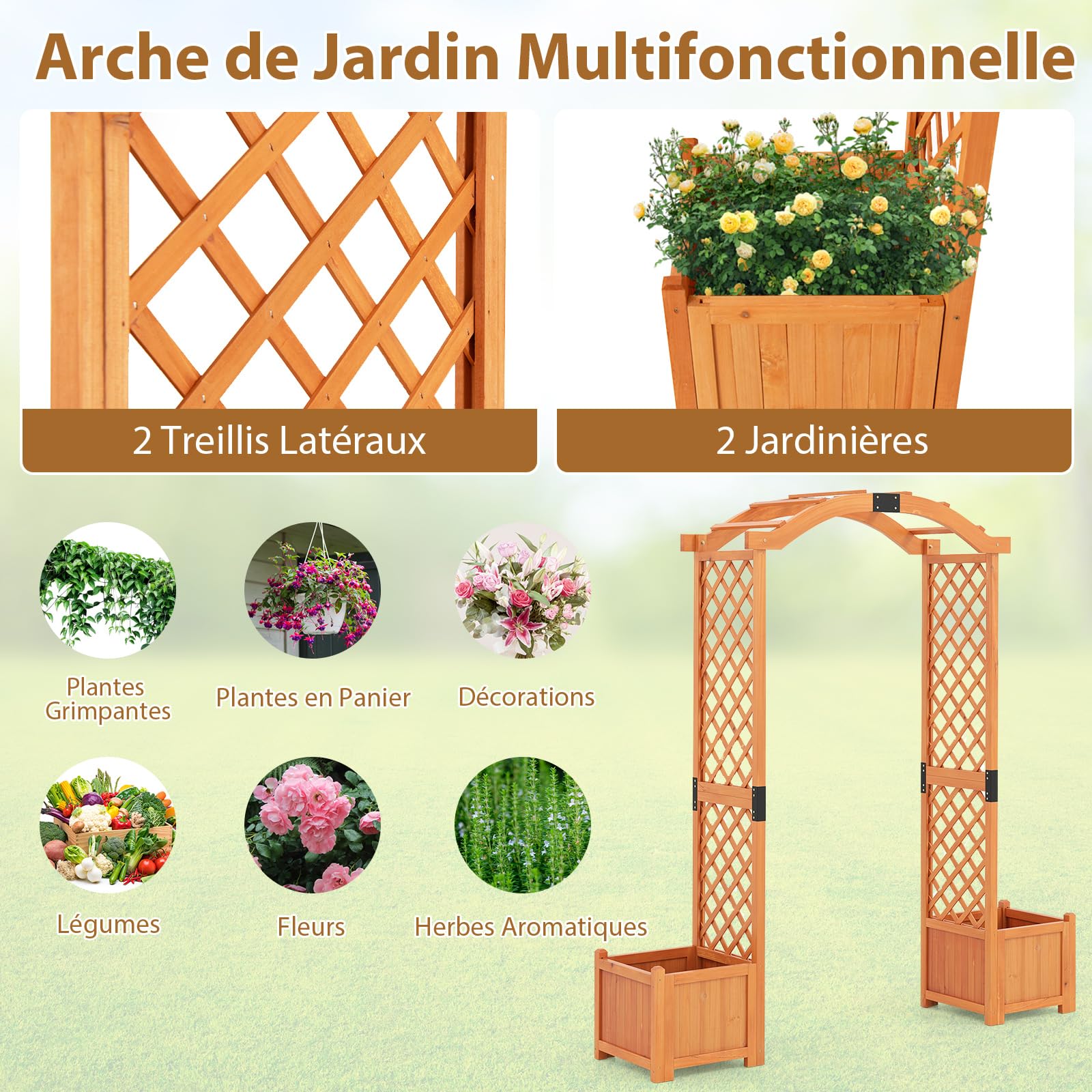 RELAX4LIFE Arche de Jardin en Bois avec Jardinière et Treillis