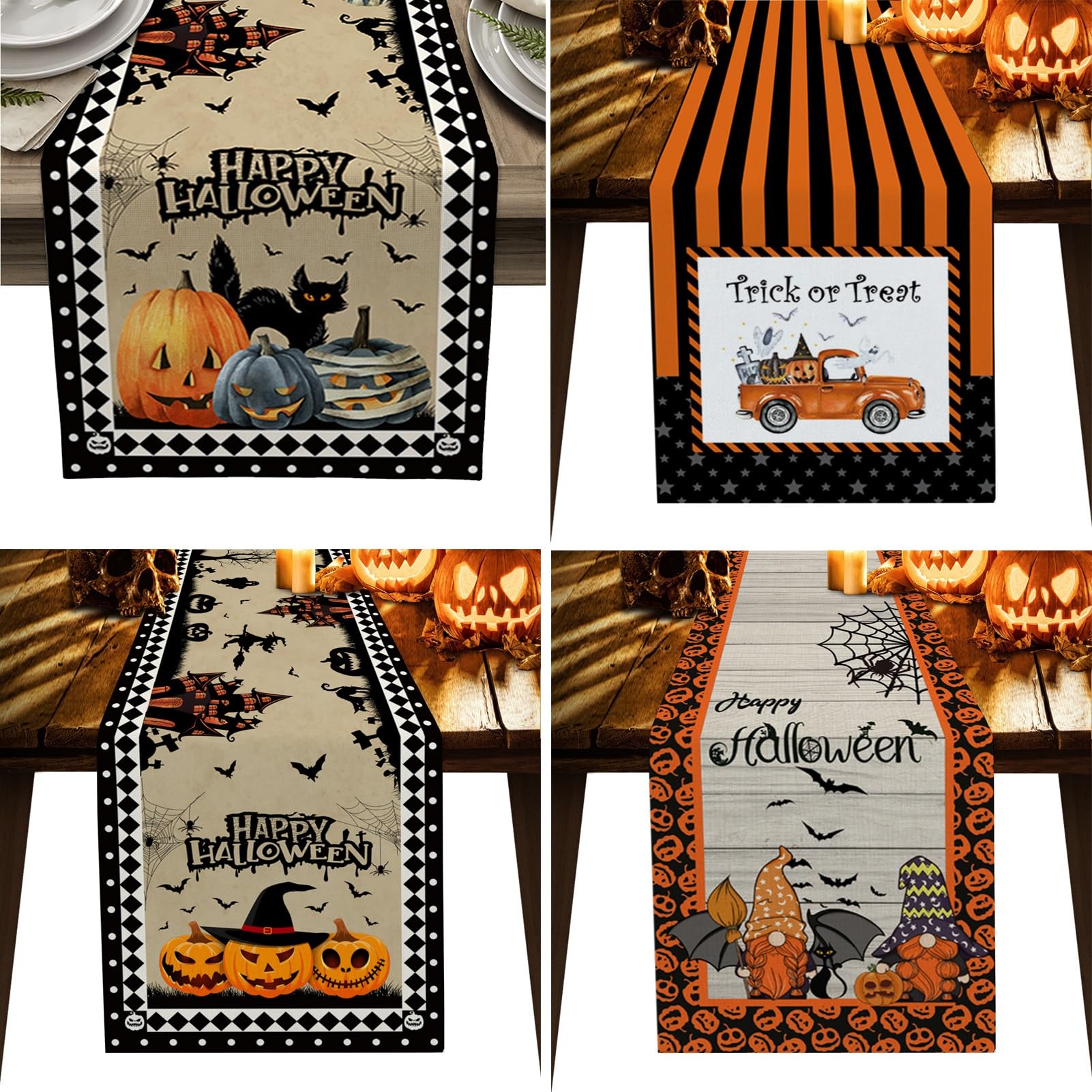 Bieżnik na Halloween, świąteczna dekoracja na kolację Straszne uśmiechnięte dynie Nietoperze Dekoracja świąteczna Bieżnik Wystrój stołu(9,200x33cm)