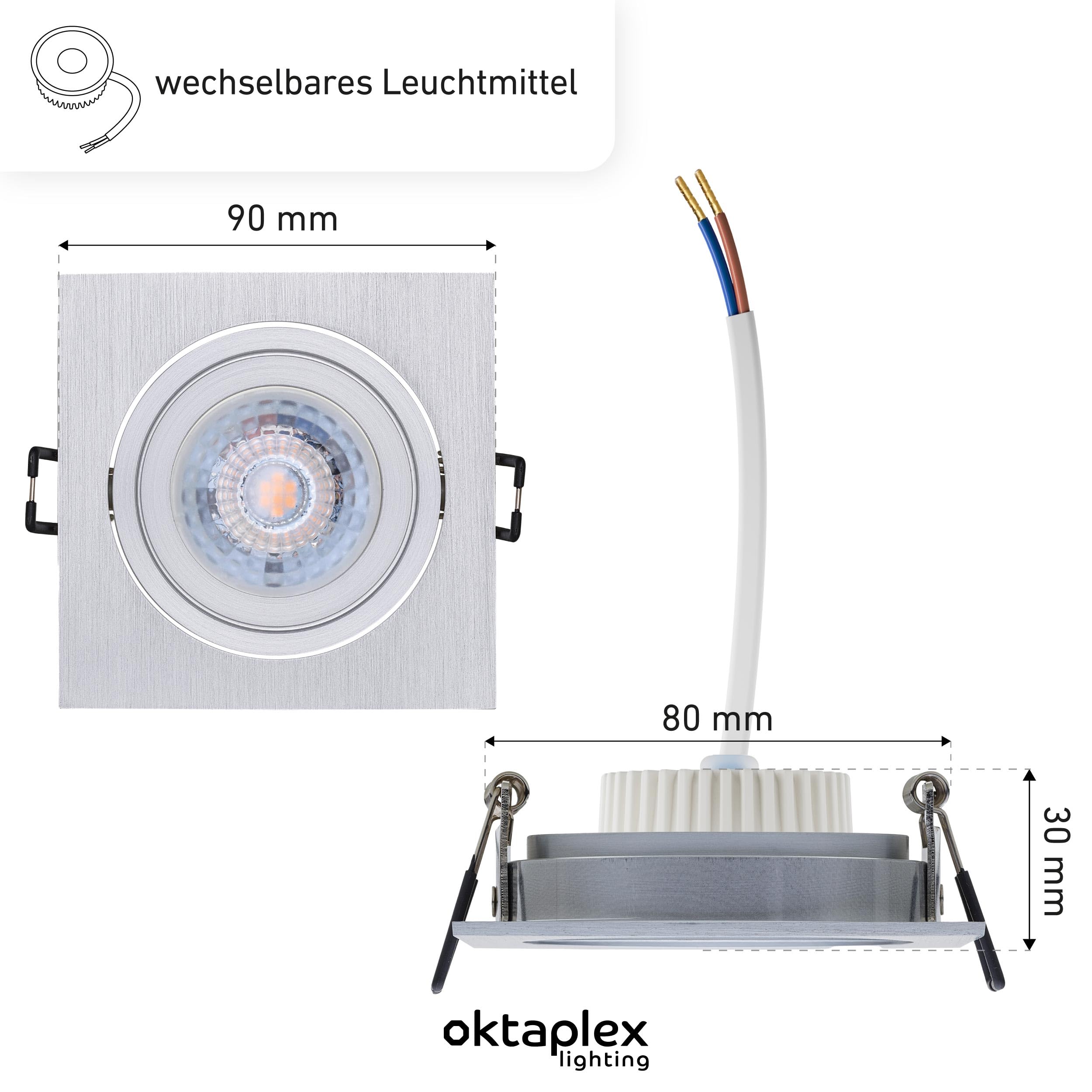 Oktaplex 3 Set di faretti da incasso con modulo LED Lyon orientabile 4,8W 3000K 230V 380lm Bianco caldo Alluminio Spot quadrato da soffitto Diametro incasso 80mm
