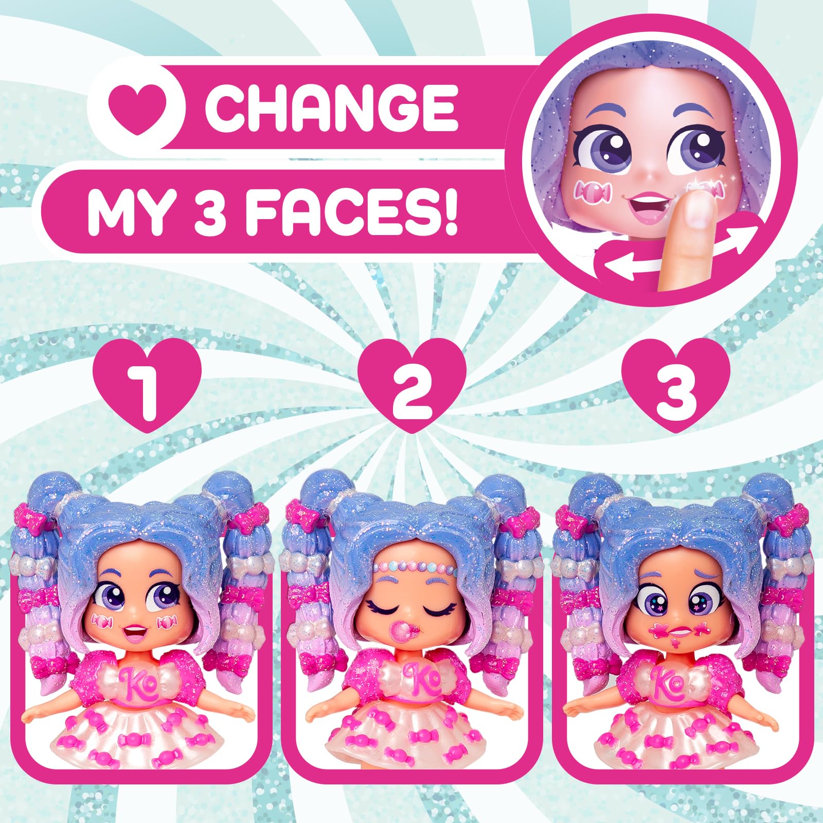KOOKYLOOS Candy Land Series SWEET BUBBLE – laleczka do kolekcjonowania z serii Candy Land, zawartość: 1 lalka, zestaw ubrań i butów, akcesorium oraz zwierzątko,1 lalka ma 3 różne buzie!