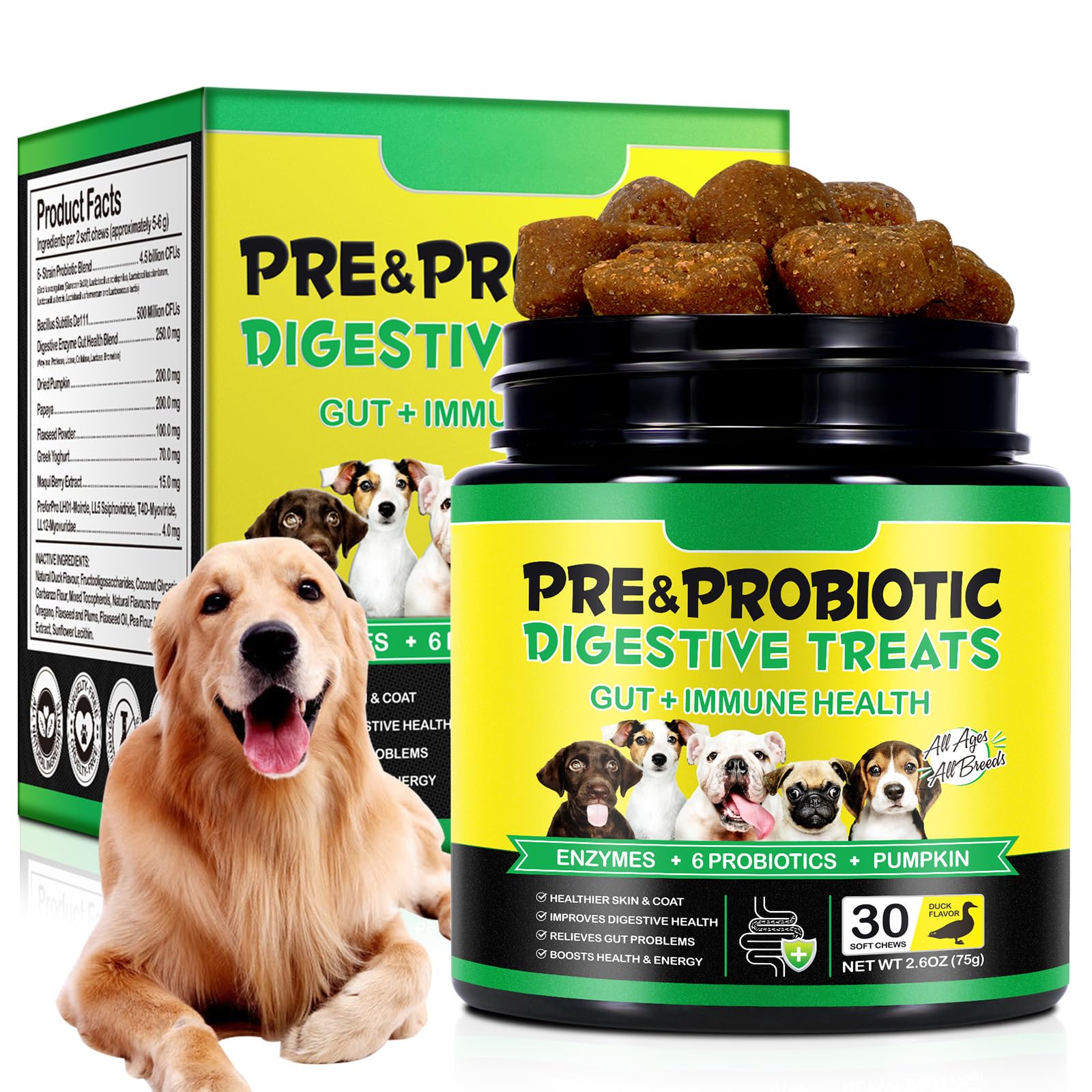 Probiotics for Dogs, Chewable Pre Probiotic Digestive Chews for Dog Support Gut Health & Itchy Skin Relief