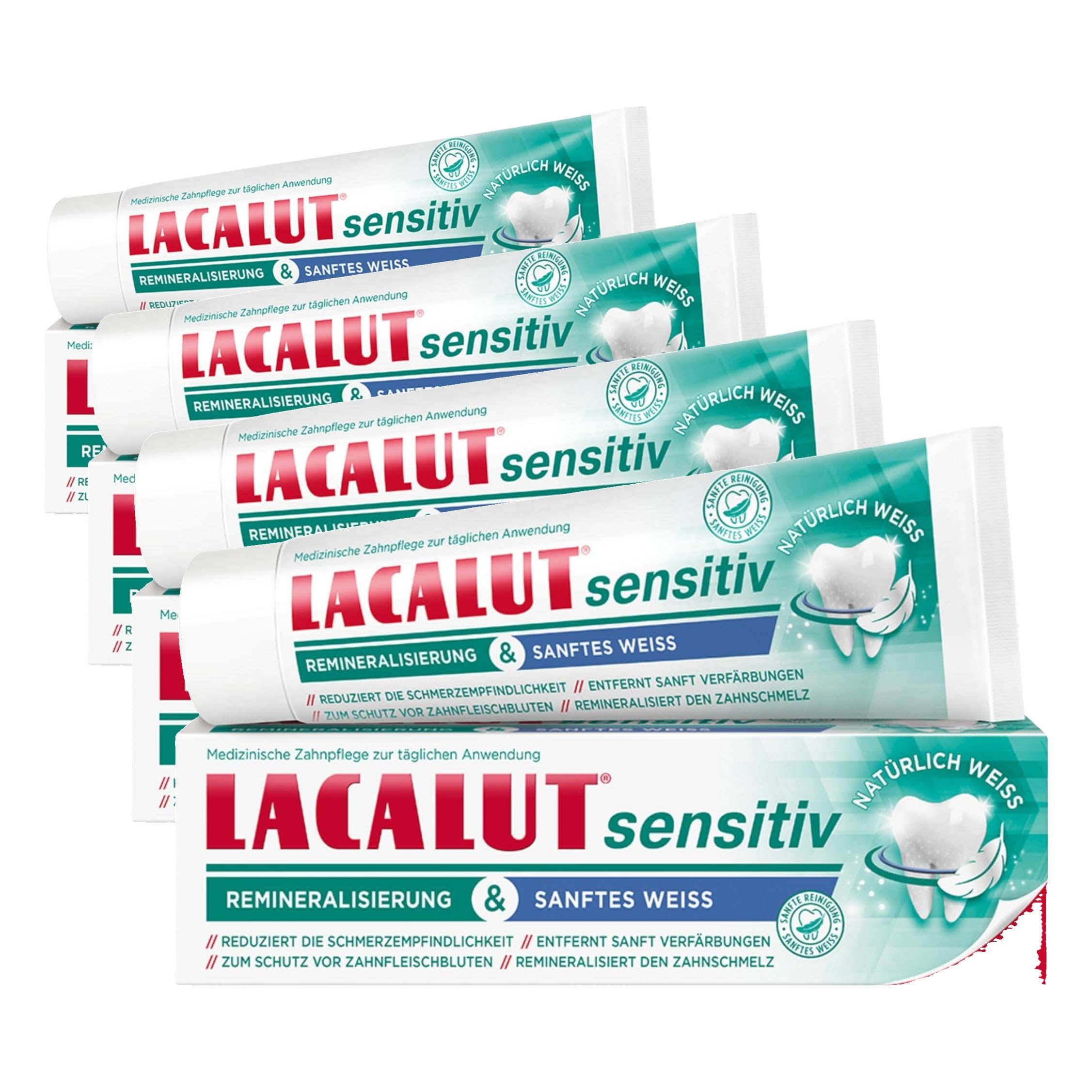 LACALUT Sensitiv Remineralization & Soft Weiss, reduce la sensibilidad al dolor, elimina suavemente la decoloración, remineraliza el esmalte, 1 x 75 ml (Paquete de 4)
