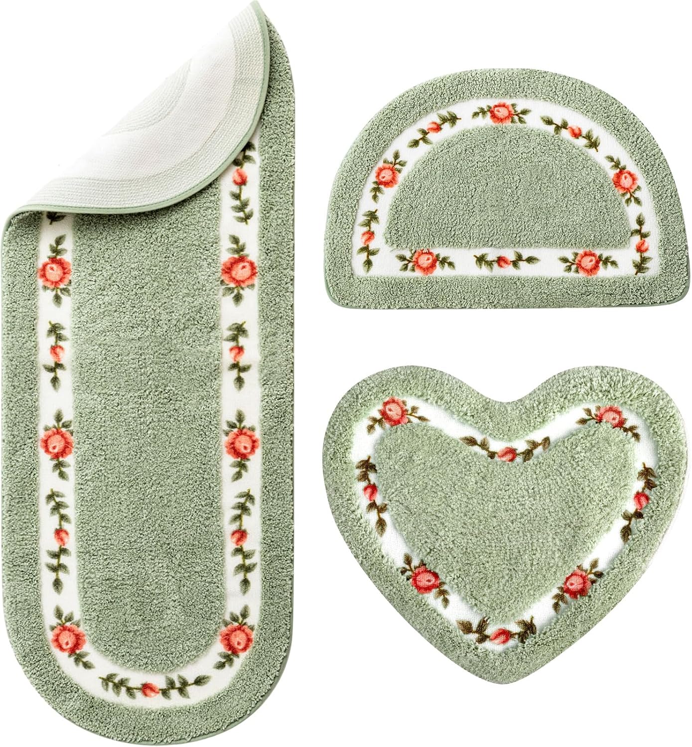 3 Pcs Rose Flowers Coquette Bathroom Rugs Set Rose Flower Area Rugs Non Slip Absorbent Washable Door Mat Floral Bathroom Carpet Coquette Decoration for Home Hotel, 3 Shapes(Pink)