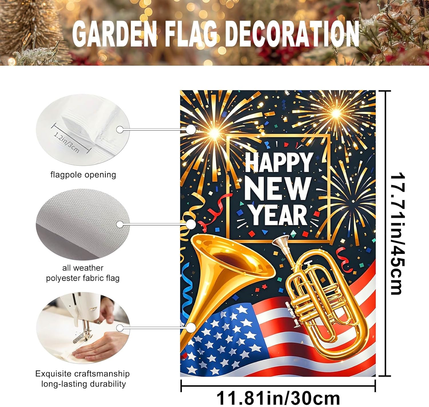 Happy New Year Garden Flag 12x18 Inch Double Sided Patriotic Banner Outdoor Yard Decoration with Confetti for Home Lawn Porch Seasonal Holiday Welcome Garden Flags Outdoor Decor - Image 4