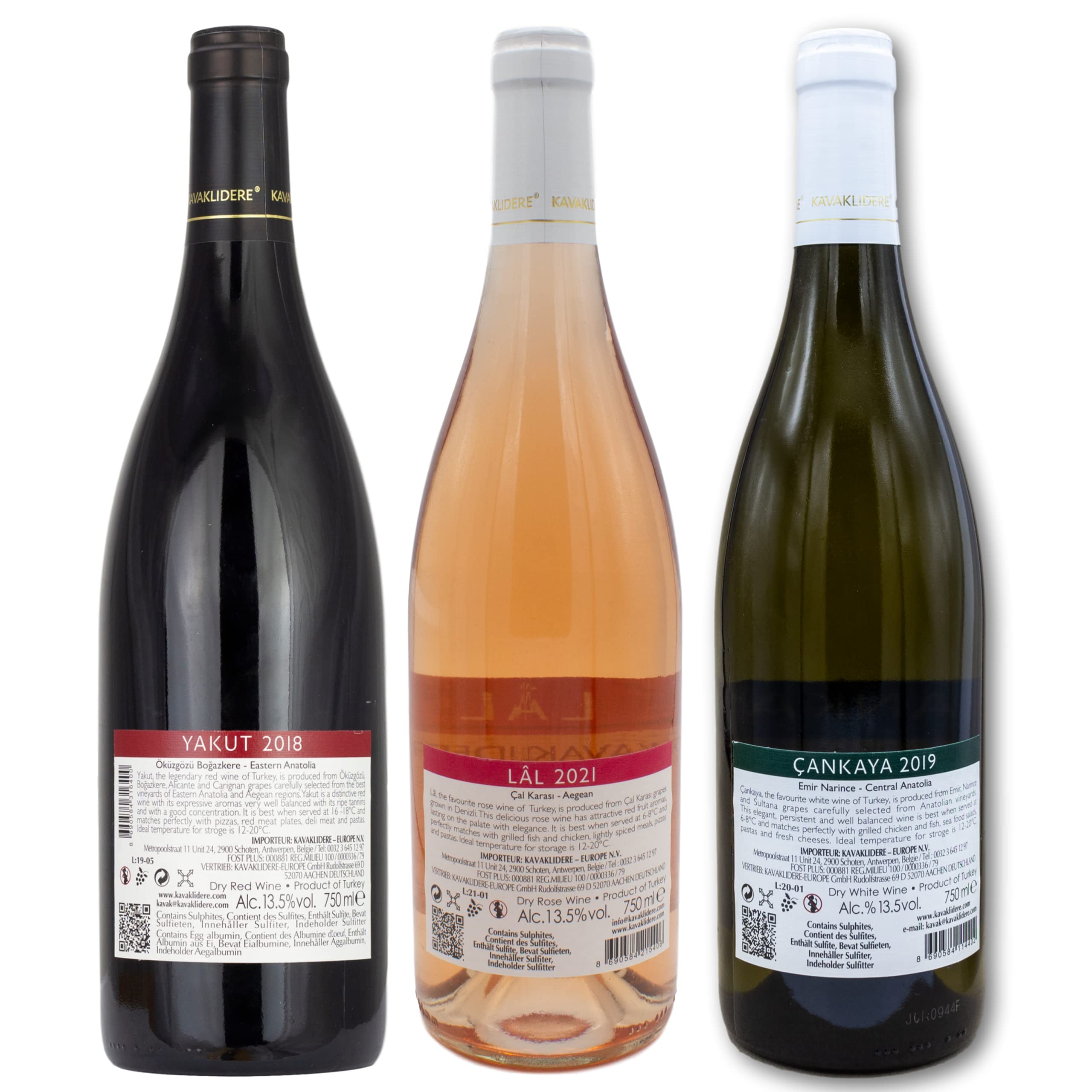 Kavaklidere - Probierset Türkischer Rotwein Yakut, Weißwein Cankaya, Rosé Lal je 0,75 l - Das perfekte Weingeschenk - vegan - Weinset aus der Türkei