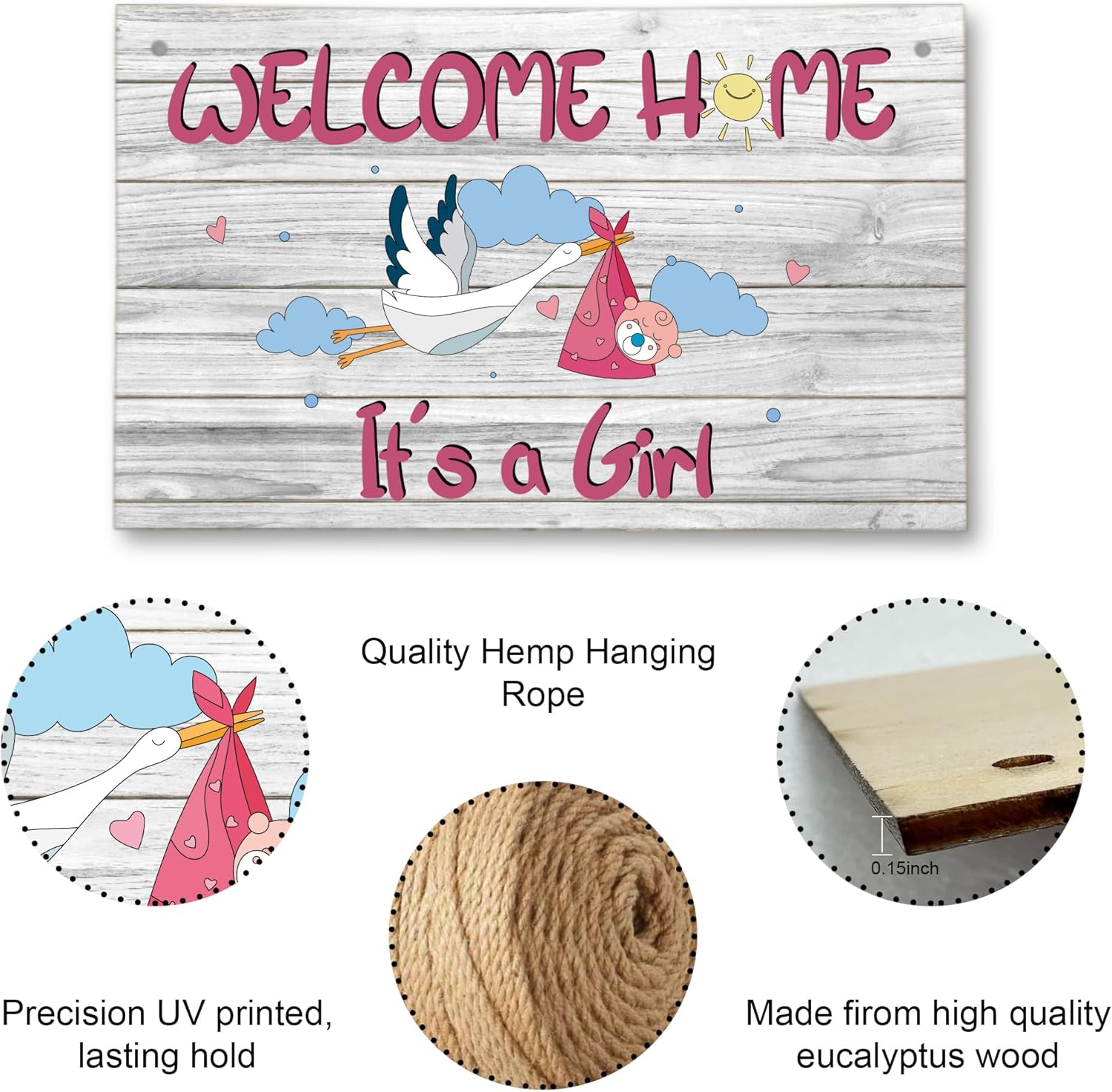 Welcome Home Newborn Baby It’s a Girl Wooden Door Sign, Baby Girl Signs for Door, Welcome Sign Décor for Front Door & Nursery, Hanging Newborn Announcement Plaque