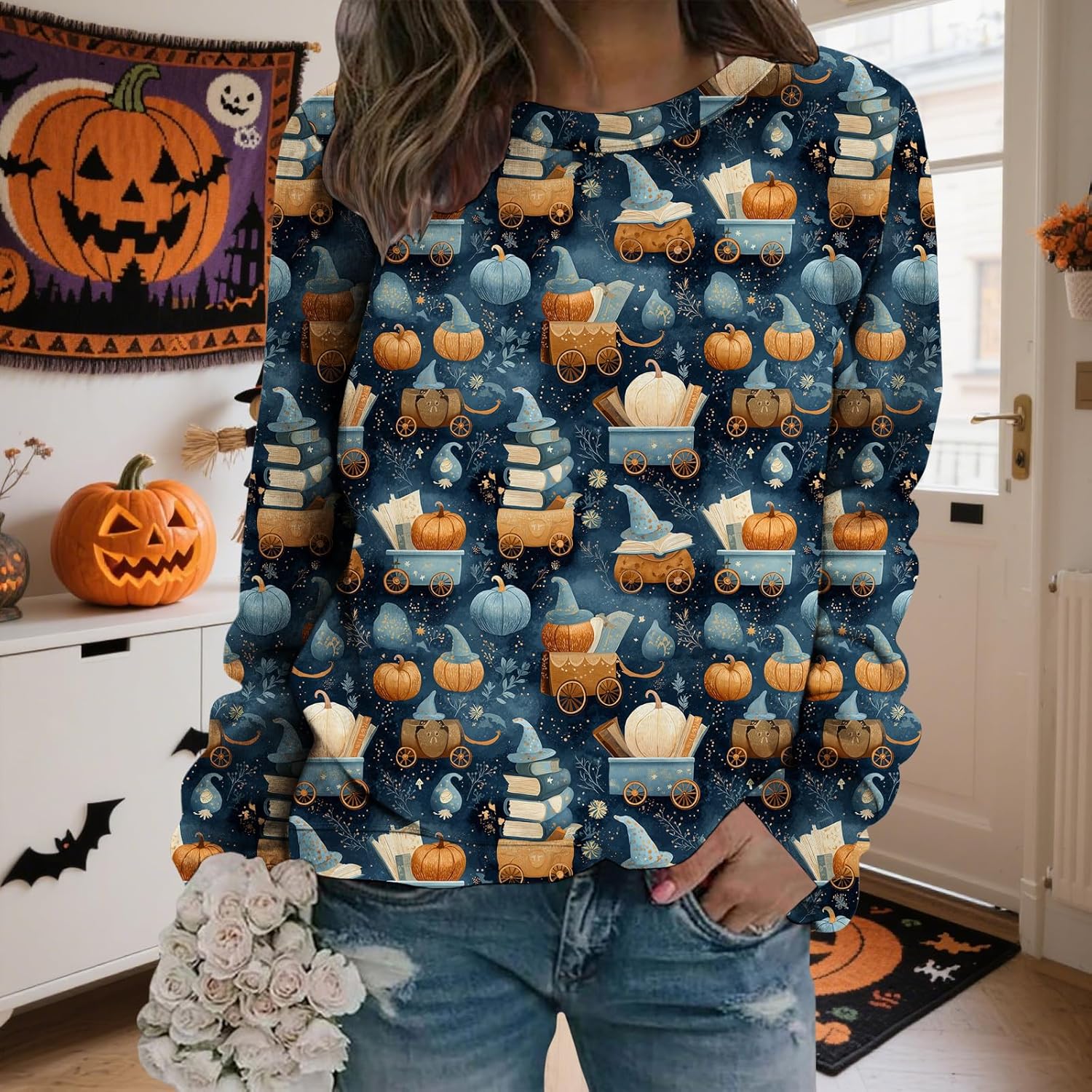 LIZALIG Pullover Cute Sweatshirt Orange Skeleton Fall Festive FunWomens Design Bat Holiday Party Outings Pumpkin Print - Image 3