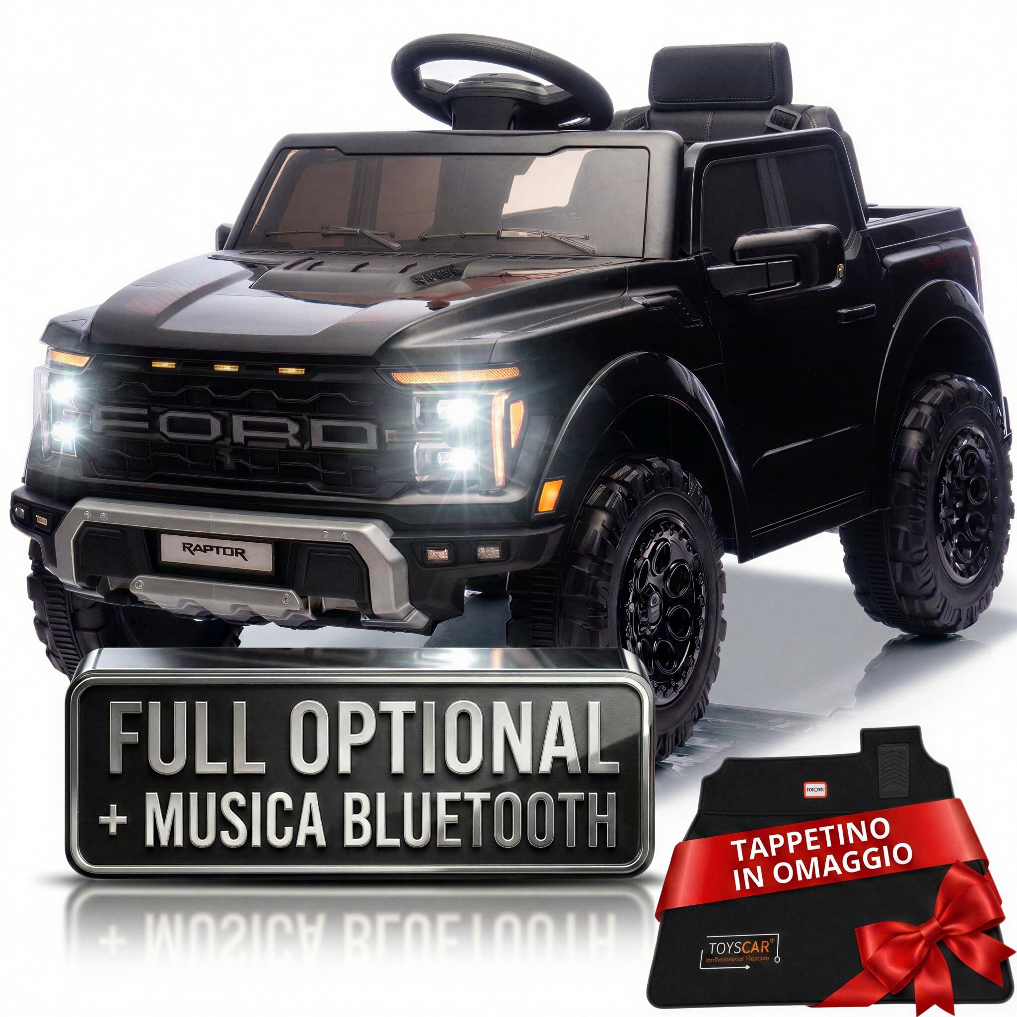 TOYSCAR Auto Elettrica Bambini Ford Raptor 12V Fuoristrada con Telecomando Porte Apribili, Bluetooth Luci LED e TAPPETINI Inclusi (Nera)