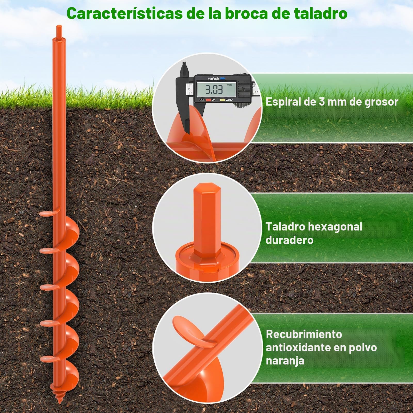 Insaga Broca de serpiente para plantar, 7,6 x 81,3 cm, caracol de jardín, broca de 3 mm de espesor, broca para hacer agujeros, broca de serpiente resistente, excavador de agujeros de tierra para