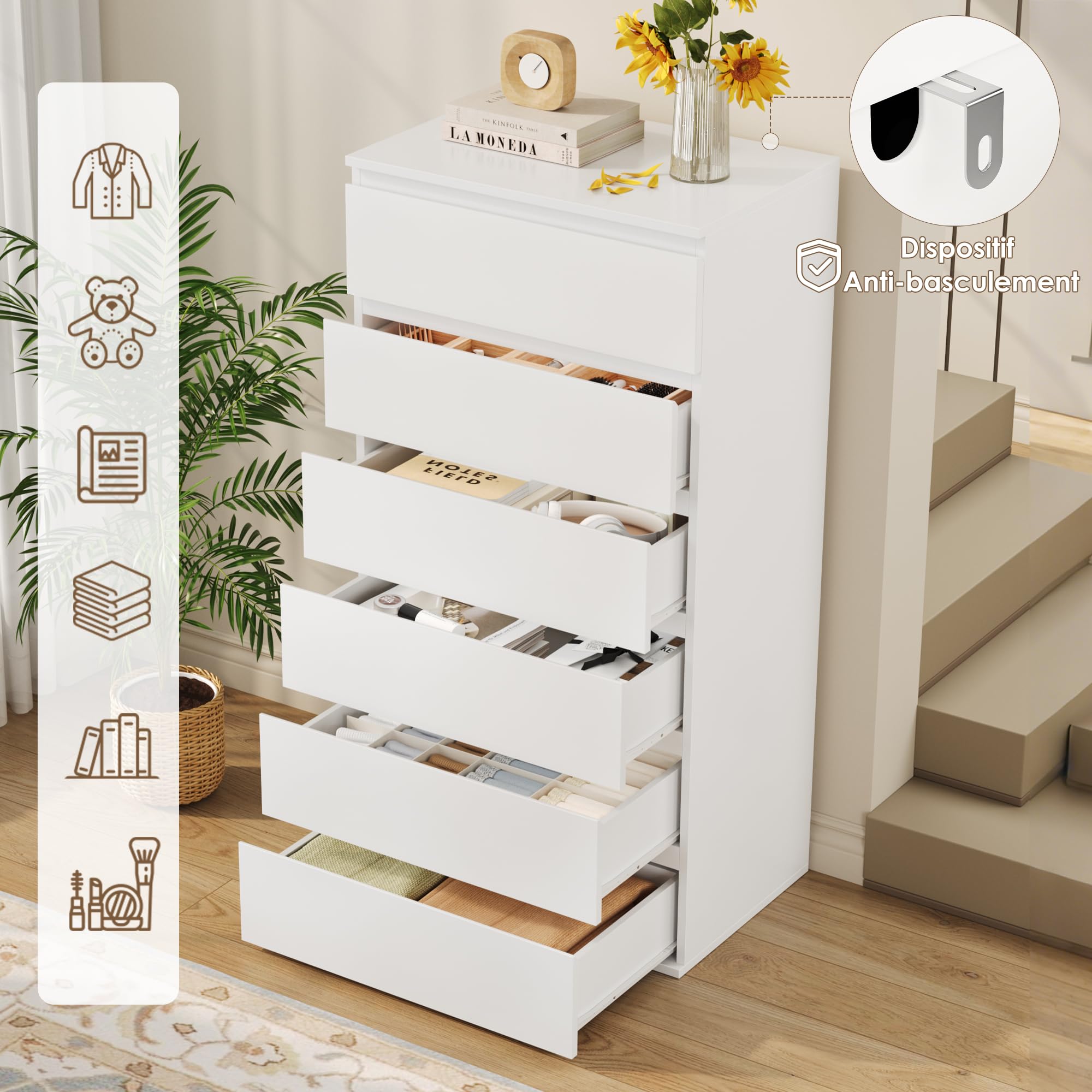 FOREHILL Commode 6 Tiroirs, Commode Chambre Adulte, 60x40x119 cm, Blanche | Meuble de rangement étroit sans poignées, Chiffonnier pour salon, entrée, appart, Meuble tiroirs à vêtements, Moderne