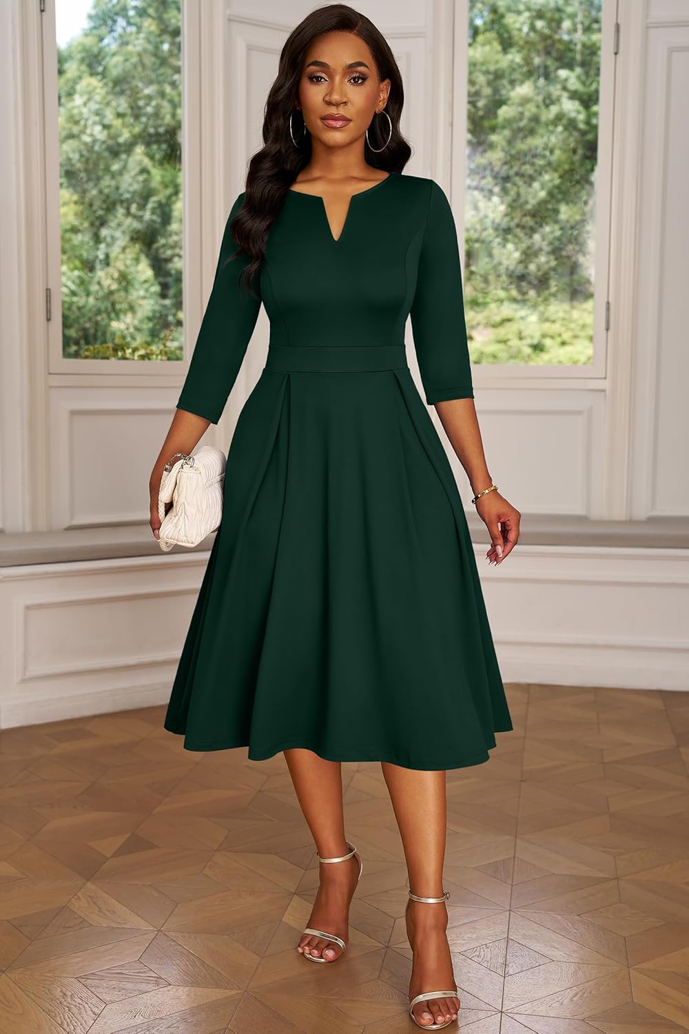 Nmoder Midi Dresses for Women, Semi Formal Fit and Flare 3/4 Sleeve V Neck Work Dress with Pockets - Image 3