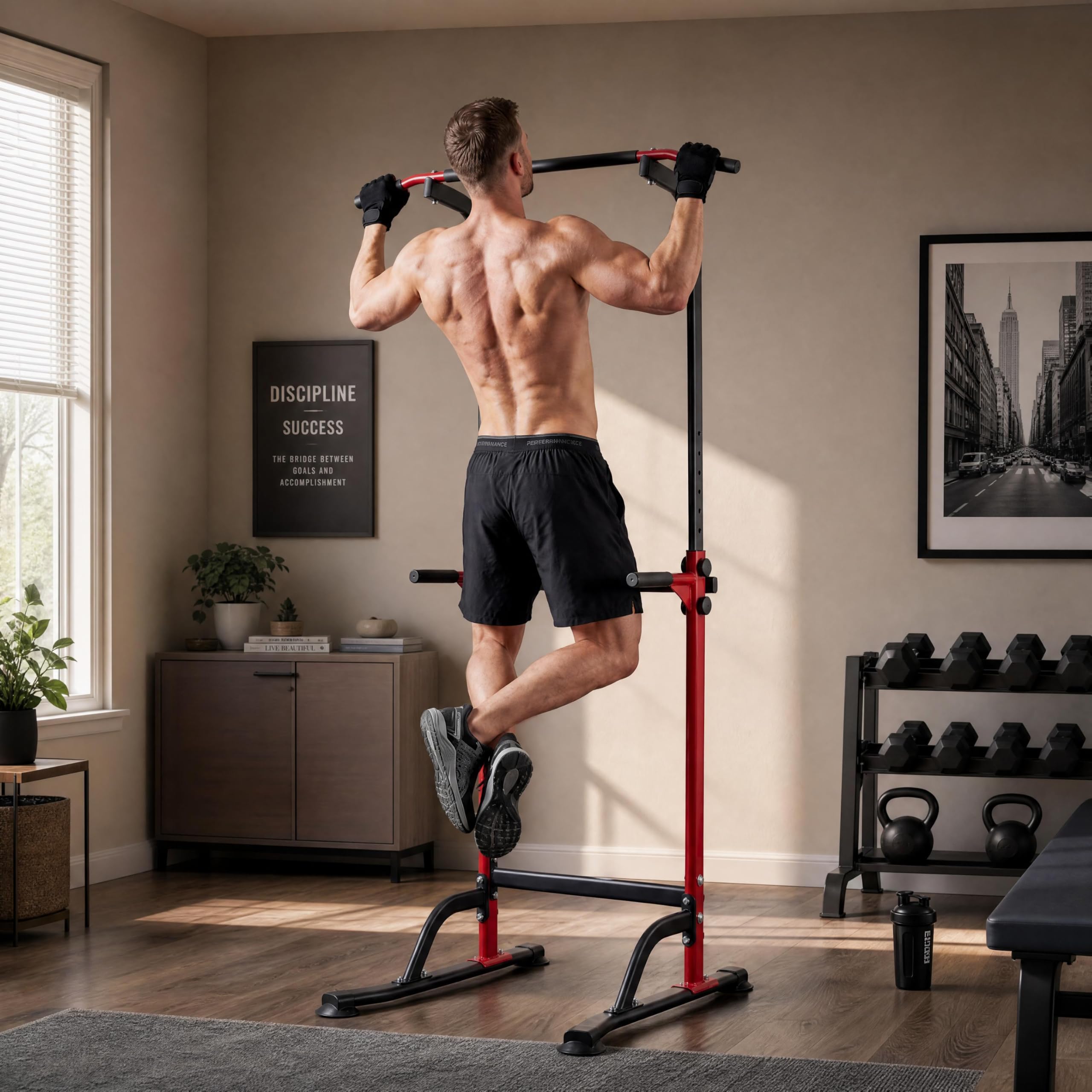 Power Tower for Home Gym, Adjustable Pull Up Bar and Dip Station, Heavy Duty Strength Training Tower for Chin Ups, Dips, Knee Raises and Push Ups, 10 Height Settings, 150 kg Capacity