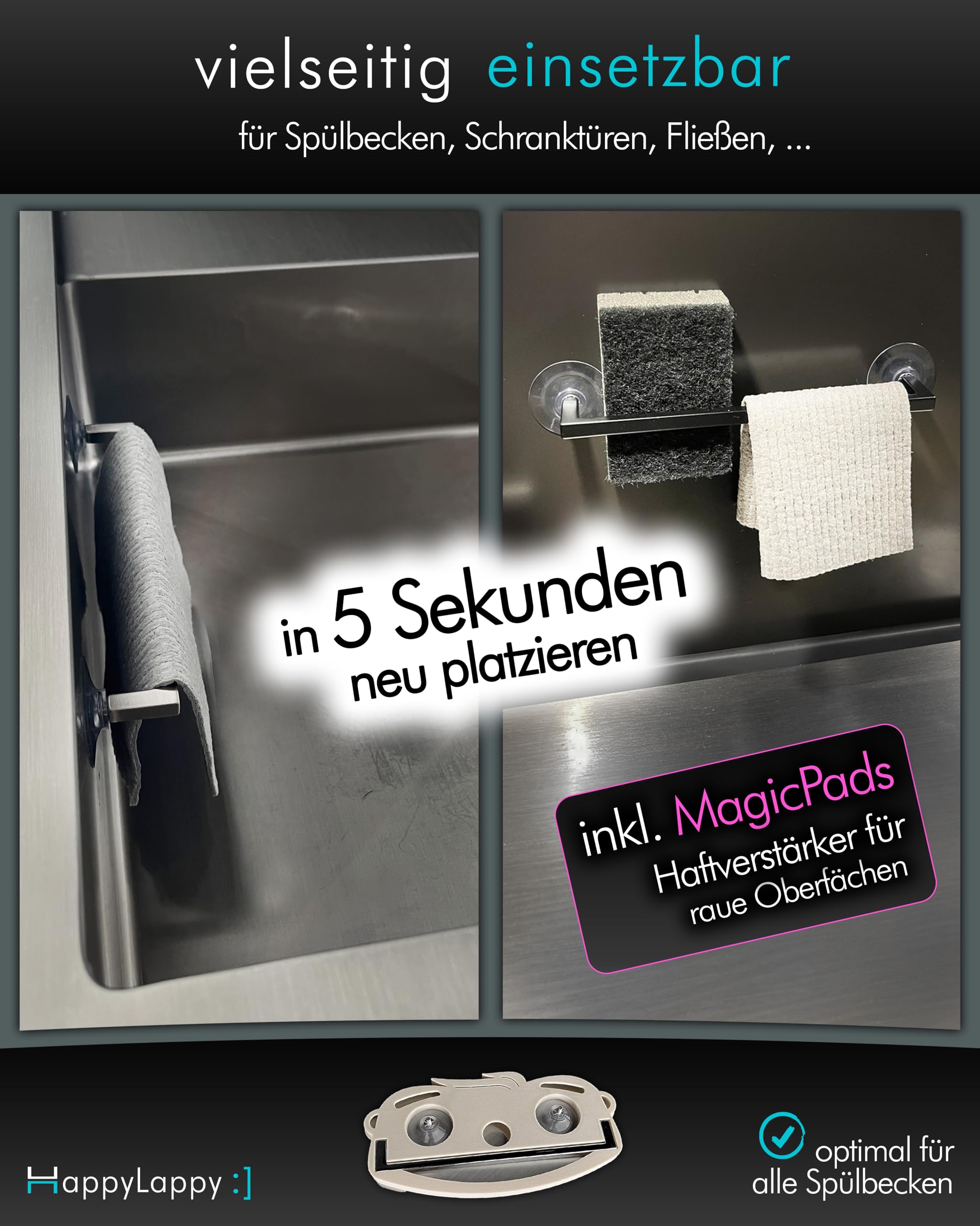 snagger HappyLappy Spültuchhalter inkl. Premium Schwammtuch | Lappenhalter für Spülbecken ohne Bohren & Kleben | Spüllappenhalter mit Saugnapf