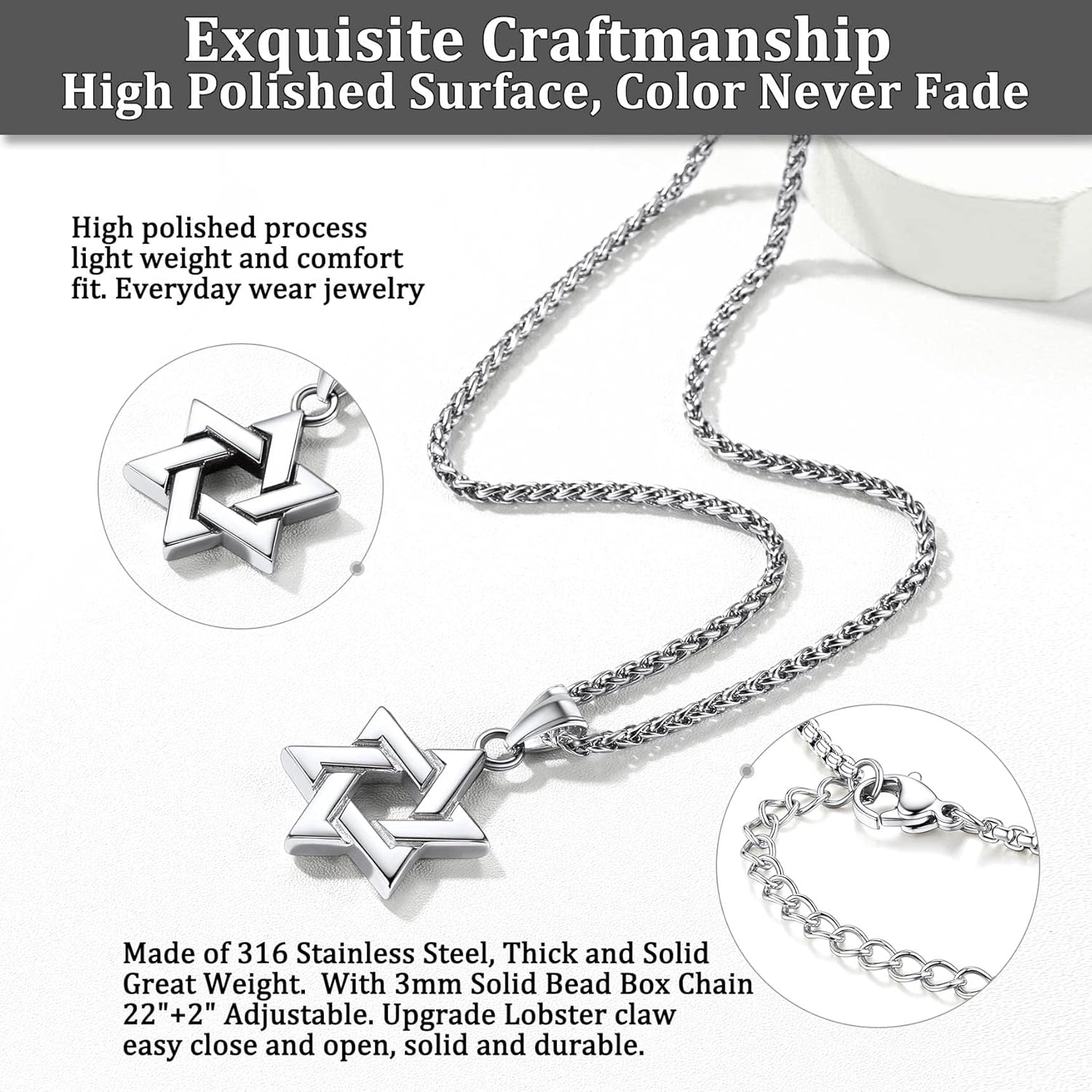 Bestyle Star of David Necklace Handmade Stainless Steel Hexagram Pendant Israel Jewish Star Necklace Religious Jewelry, Protective Amulet Gift for Men Boys - Image 7
