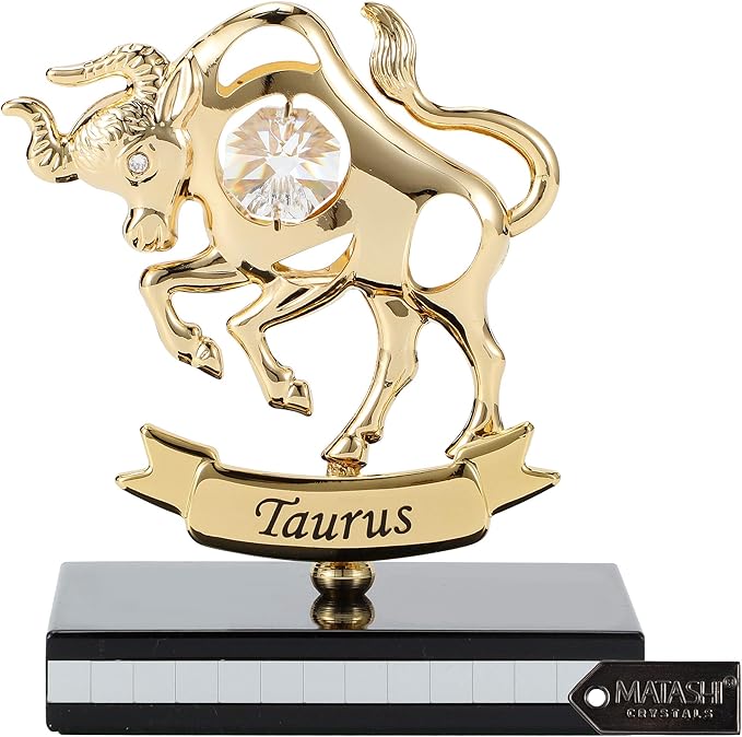Matashi 24K Gold Plated Zodiac Astrological Sign Taurus Figurine Statuette on Stand Studded with Crystals for Mom, Girlfriend, Boyfriend, Daughter, Son, Friend