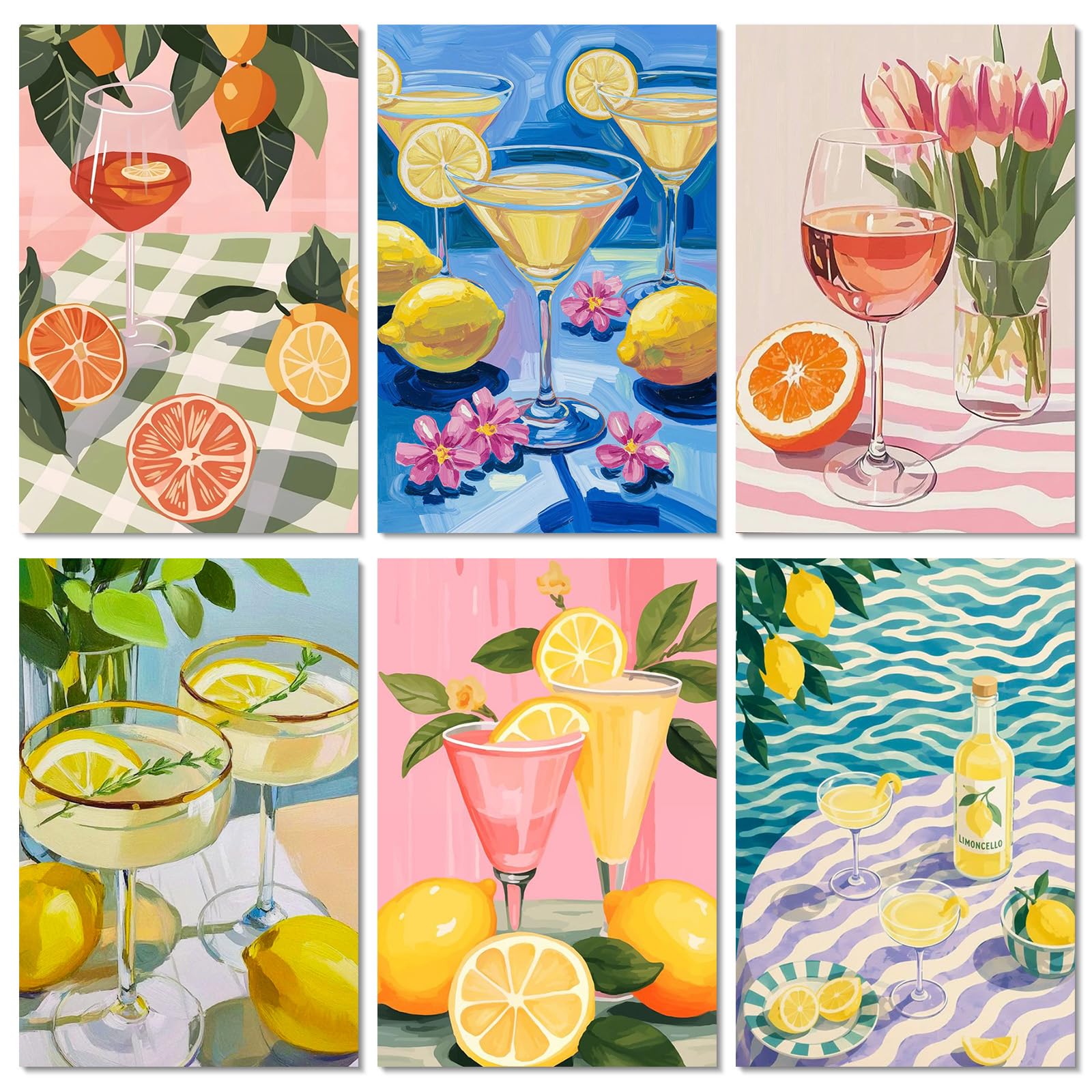 6 Pack Lemon Cocktail Paint by Numbers for Adults, 8x12 inch, No Framed