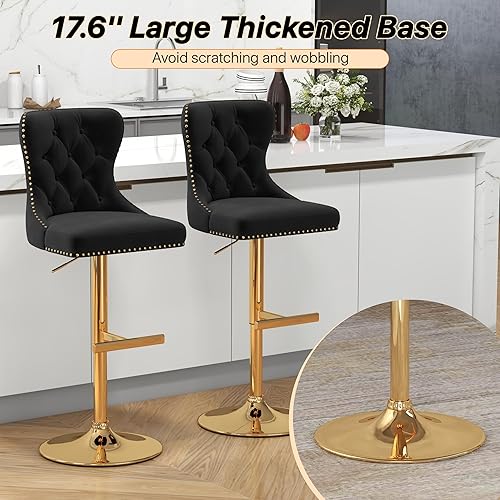 Miniatura 8 de GOOLON Juego de 2 taburetes de bar, taburetes de terciopelo giratorios de altura de mostrador con respaldo acolchado, asiento ajustable con ribete