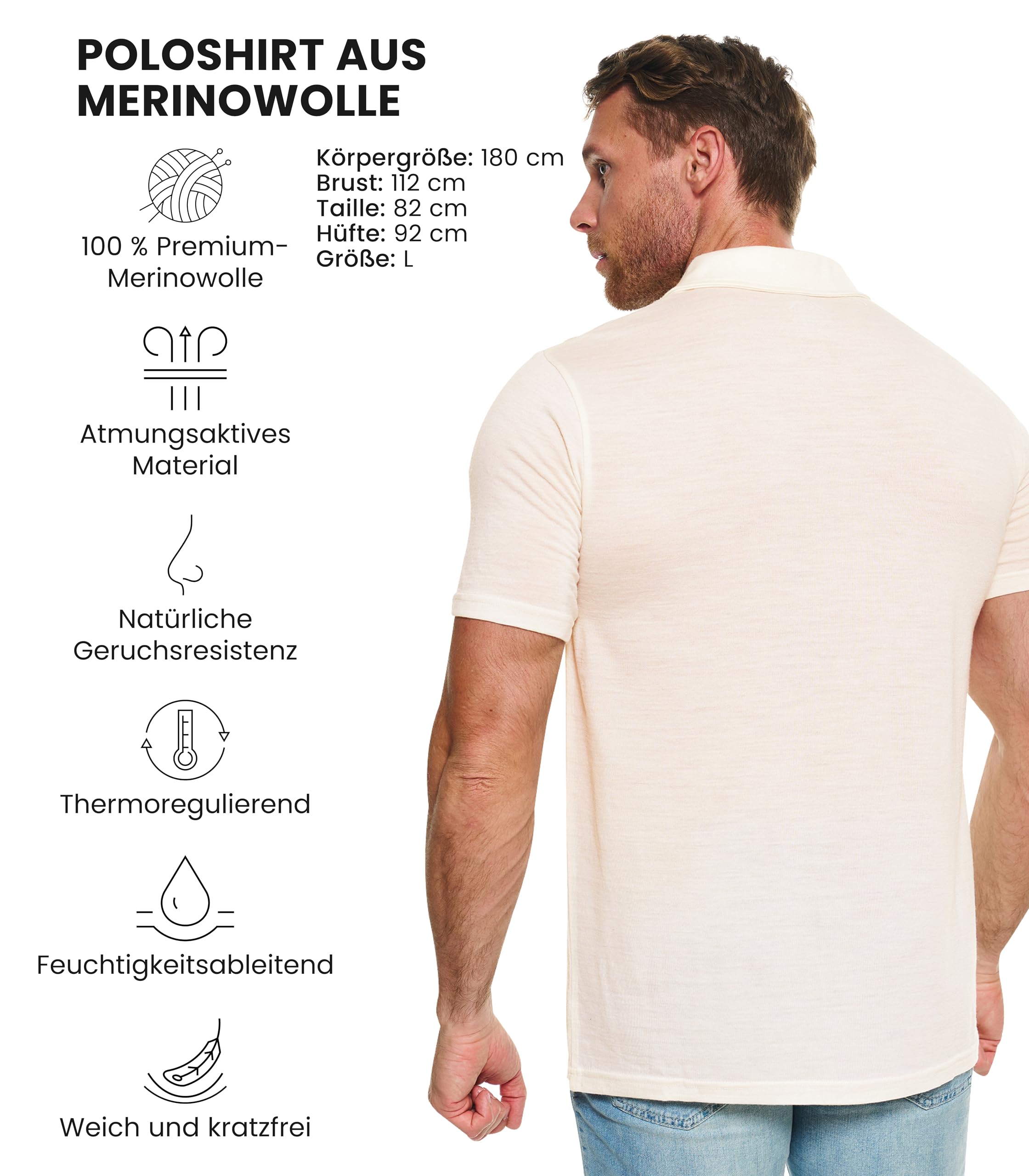 100% Merino Poloshirt Herren - Outdoor Atmungsaktiv Merino Shirt Herren Kurzarm Polo und Langarm Polo Regular Fit (Creamy Polo, Large)