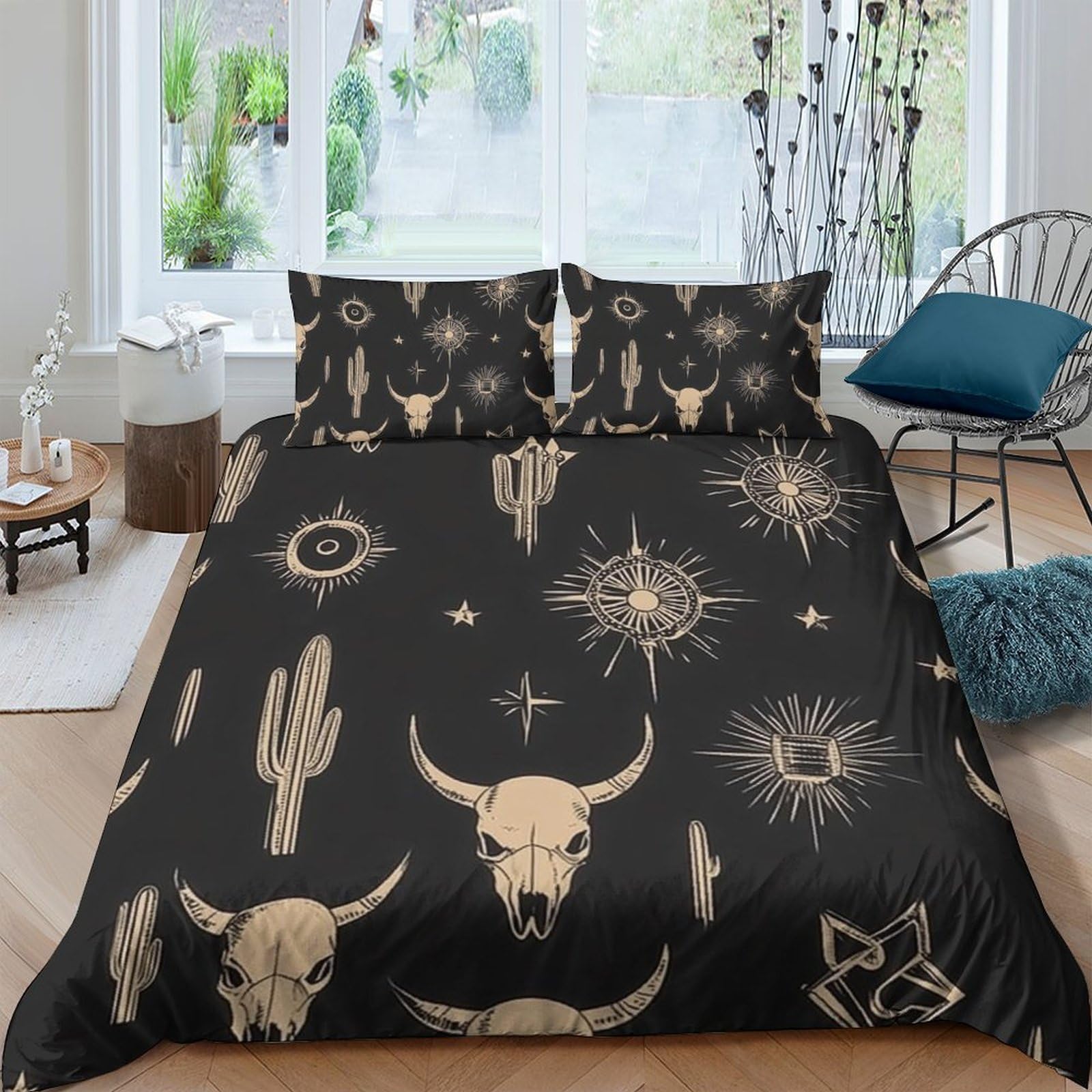 Ctjqhvkz Style-9 3D Printed Western Cactus Skull Fitted Sheet Microfiber Soft Black Star Bed Cover For Bedroom Dorm Decor Single（135X200cm）