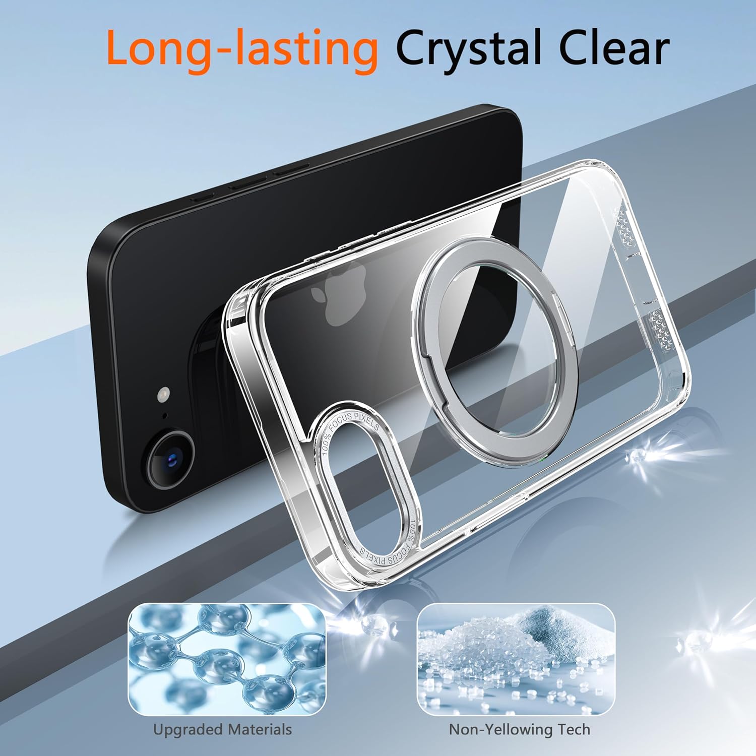 Oneagle 360° Spin Magnetic Stand for iPhone 16E Case 2025, [Fit for MagSafe],[30X Anti-Yellow] Clear iPhone 16E Phone Case 6.1" with [Rotatable Kickstand Ring] [15FT Military Grade Protection], Clear