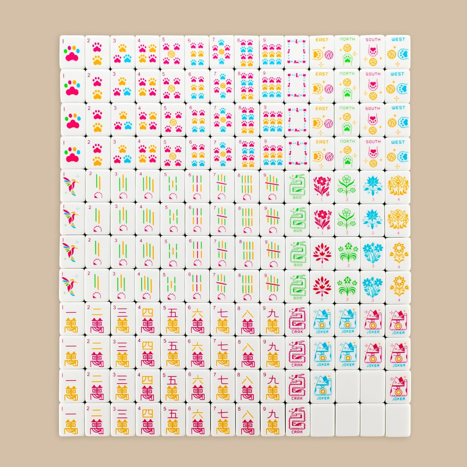 Pet-Themed American Mahjong Tile Set, 166 Acrylic Carved Tiles with Cat Illustrations, 4-Layer Colorful Tiles, 100 Chips, 3 Dice, Vintage Classic Leather Portable Travel Case