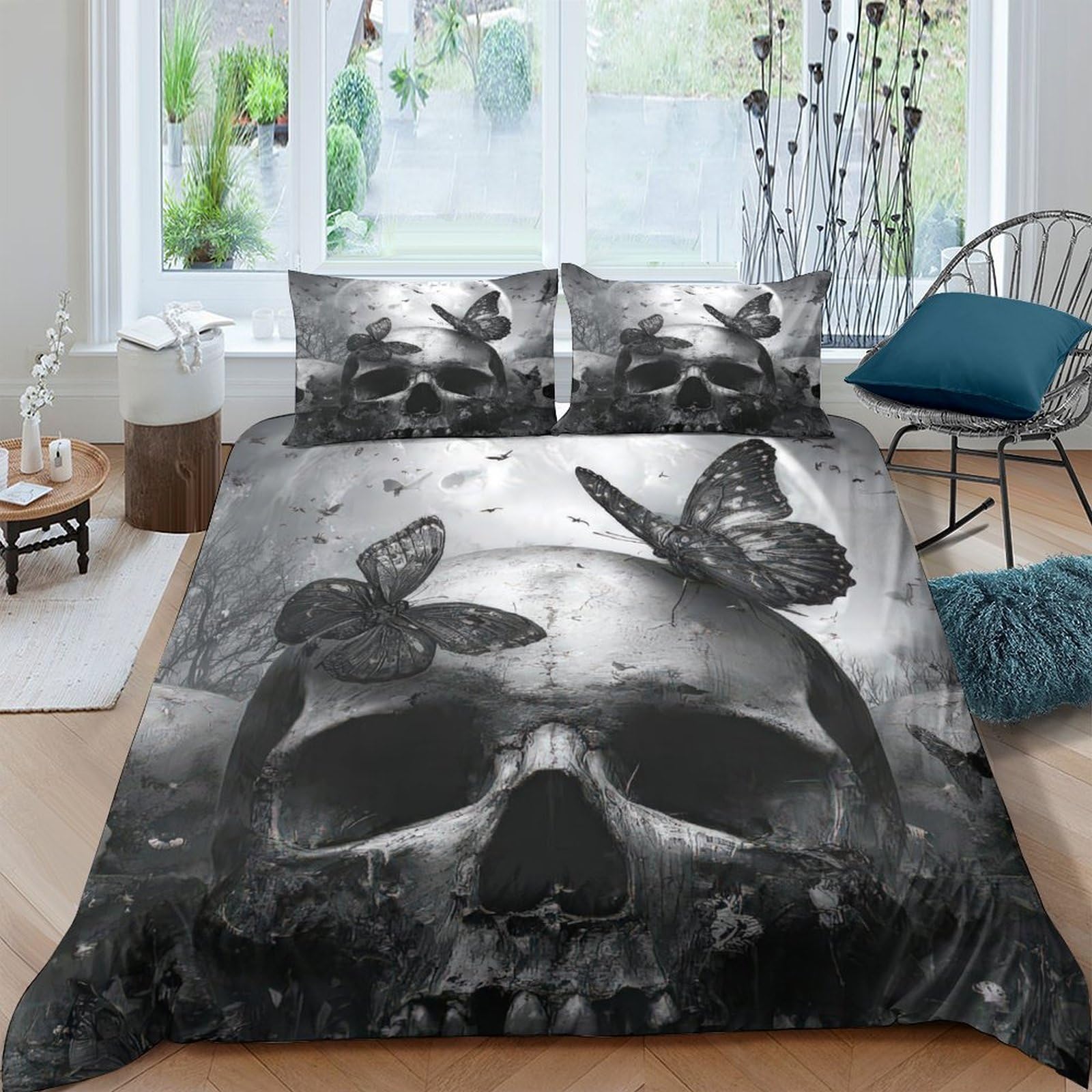 Ctjqhvkz Style-4 3D Printed Skull Butterfly Fitted Sheet Microfiber Black Gothic Mattress Cover For Bedroom Dorm Protective Decorative Use Single（135X200cm）