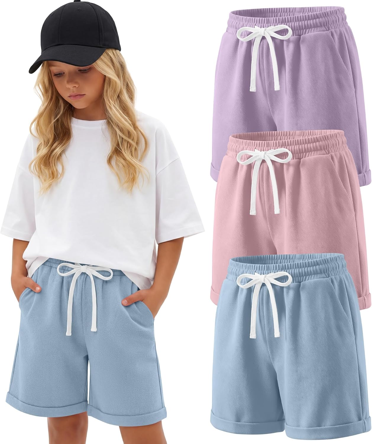 3 Pack Girls' Bermuda Shorts 5-14Y Kids Cotton Wide Leg Cargo Shorts High Waist Casual Summer Clothes with Pockets