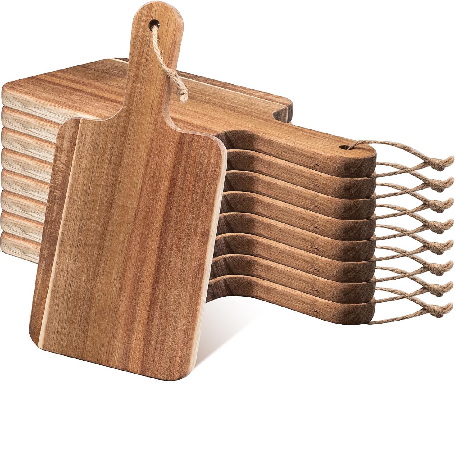 Lot de 10 planches à découper en bois d'acacia avec poignée, planche à charcuterie, planche de service pour viande, fruits, pain, fromage, planche à découper – 30 x 15 cm