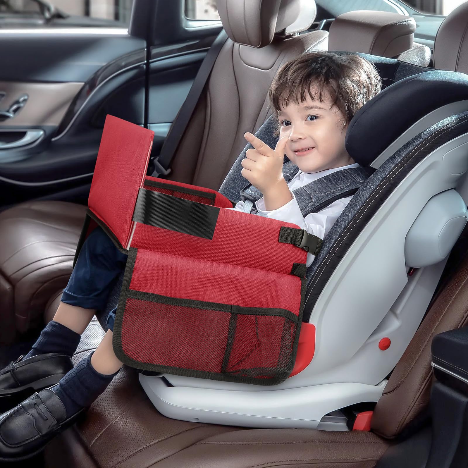 YOOFAN Plateau de Voyage Enfant Voiture - Plateau de Dessin et de Jeu Polyvalent avec Fenêtre pour iPad, 6 Stylos de Couleur, Carton Amovible et 4 Poches pour Livres et plus