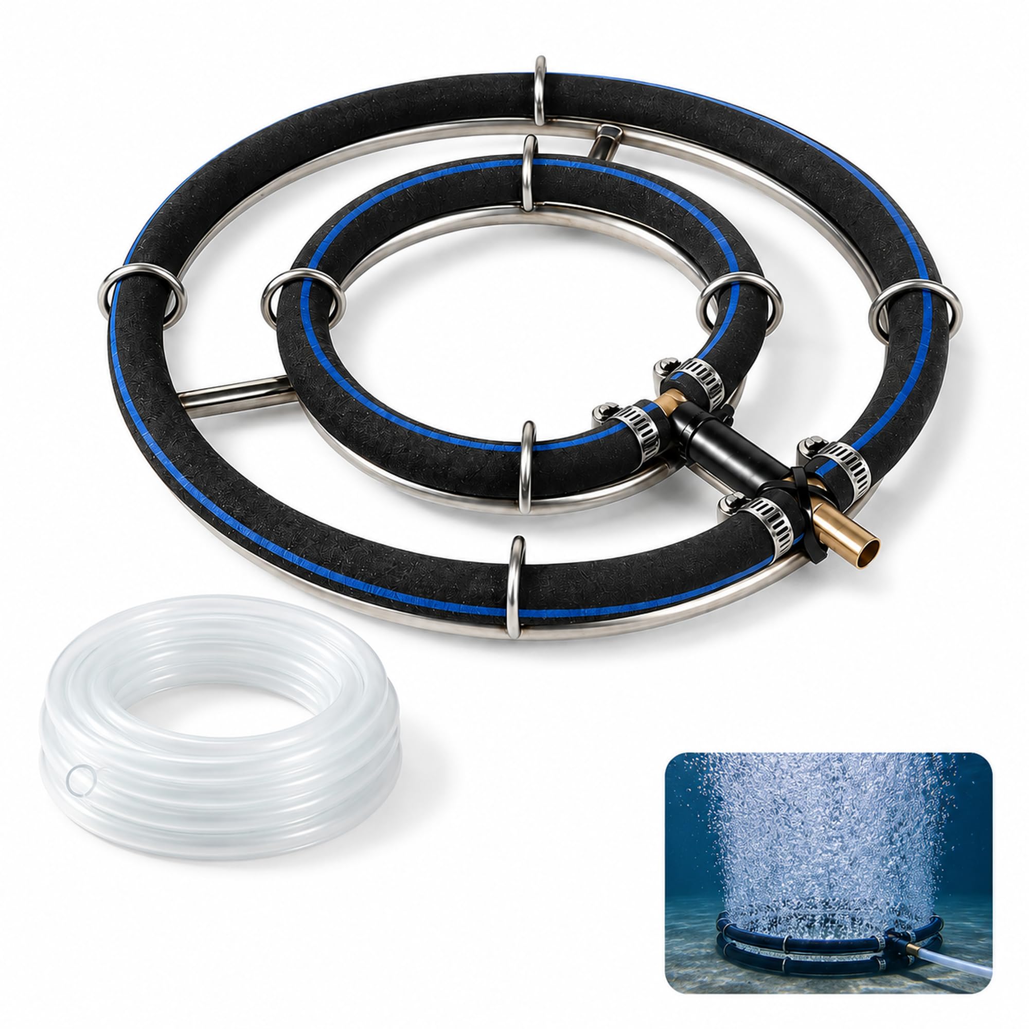 FARYODI Pond Aerator Ring Diameter 25 cm, Aerator Ring for Pond Made of 304 Stainless Steel with 5 m Ventilation Hose, Pond Ventilation for Garden Pond, Koi Pond, Aquarium and Biofilter
