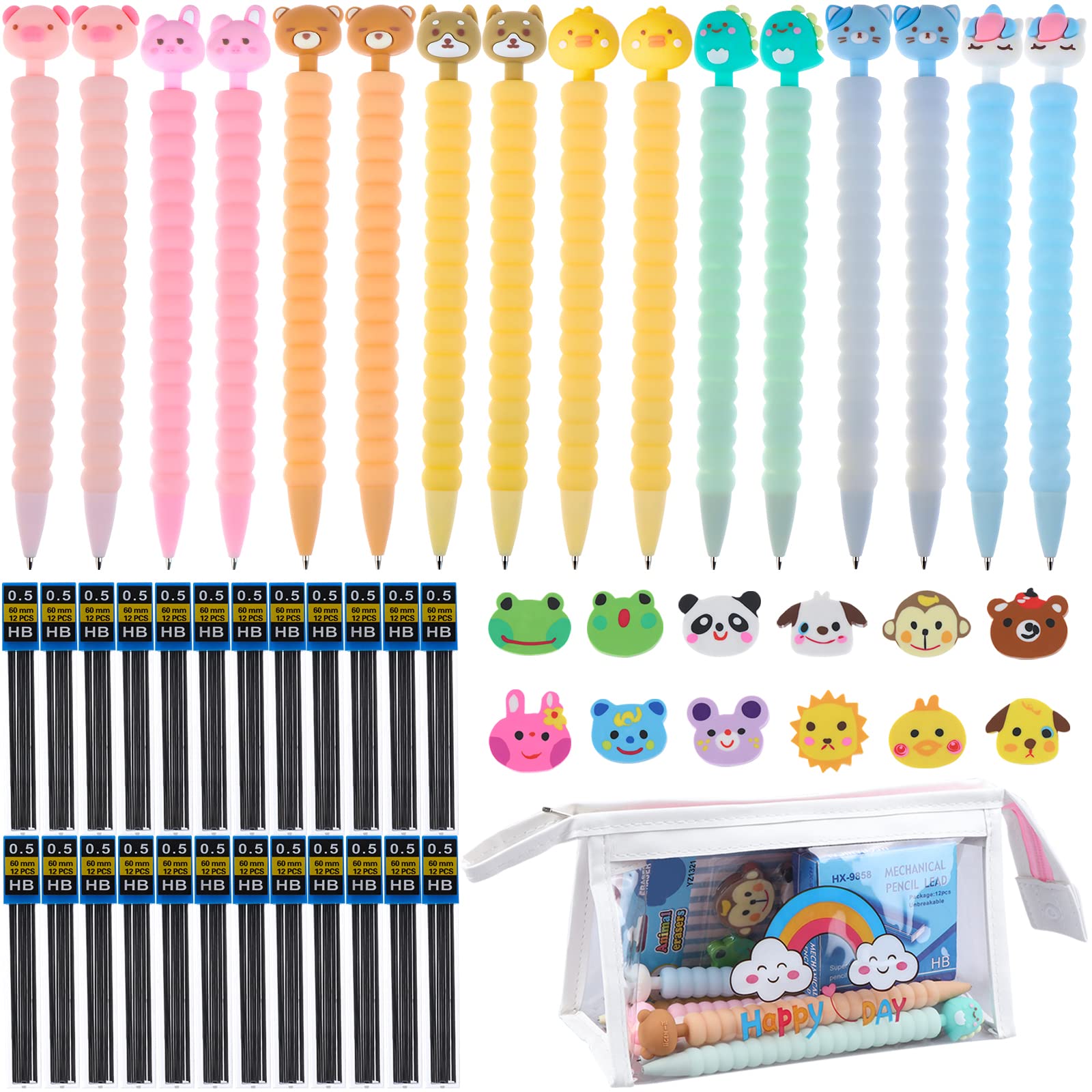 53Pcs Kawaii Mechanical Pencils Sets with Animal Erasers and Pencil