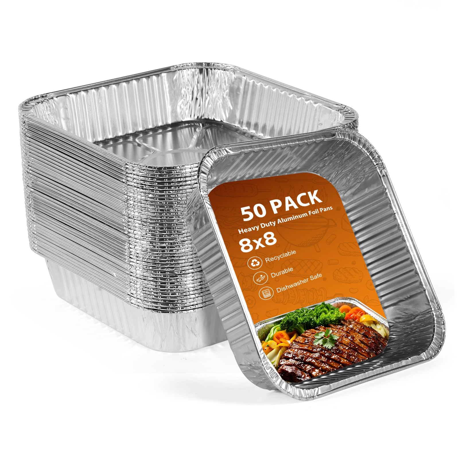 Lot de 50 moules à gâteau jetables carrés robustes de 20,3 x 20,3 cm, parfaits pour la cuisson, le chauffage, la préparation des repas, le stockage, le pain, les brownies, le pain de viande, les